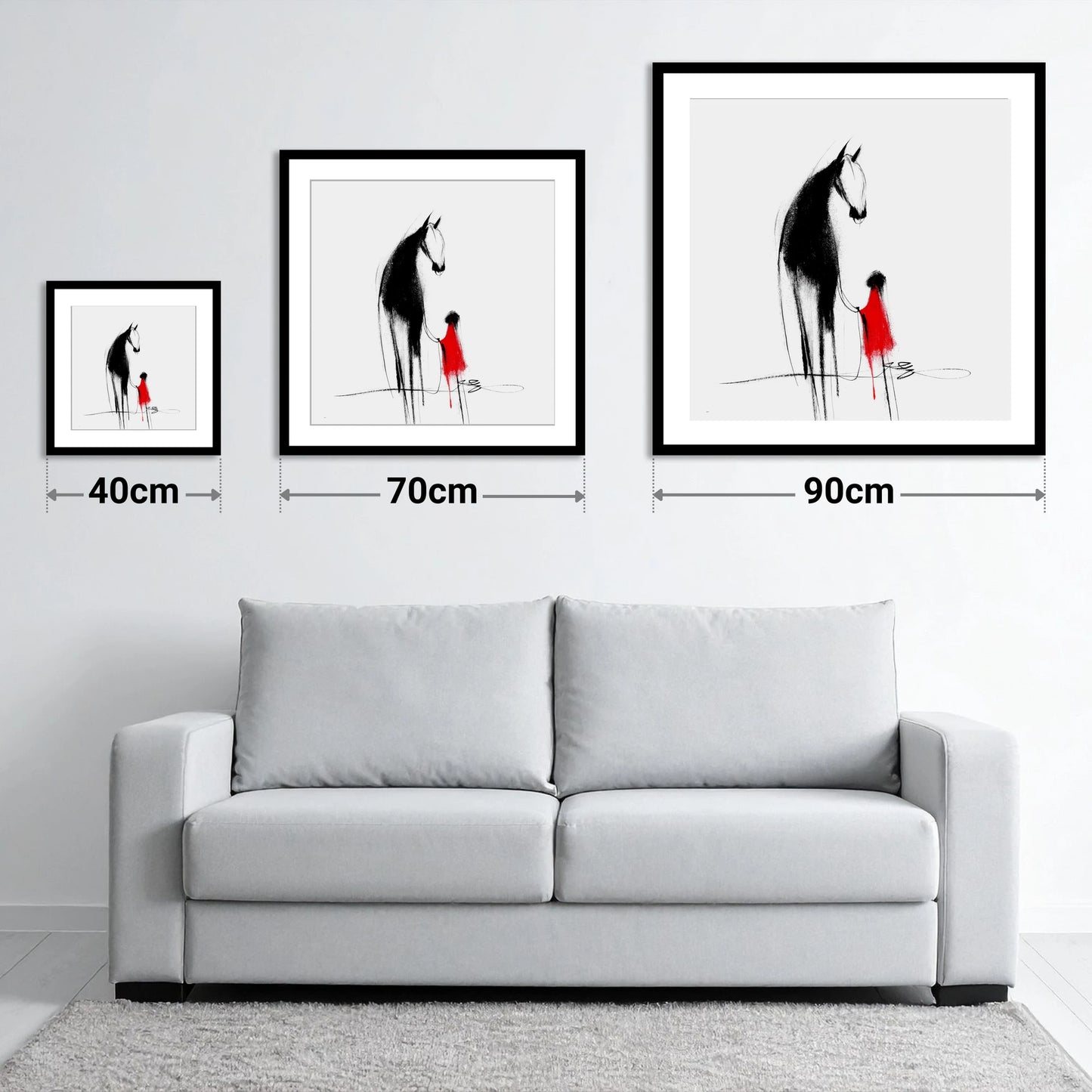 Crimson Connection - size guide showing 40cm, 70cm and 90cm art prints
