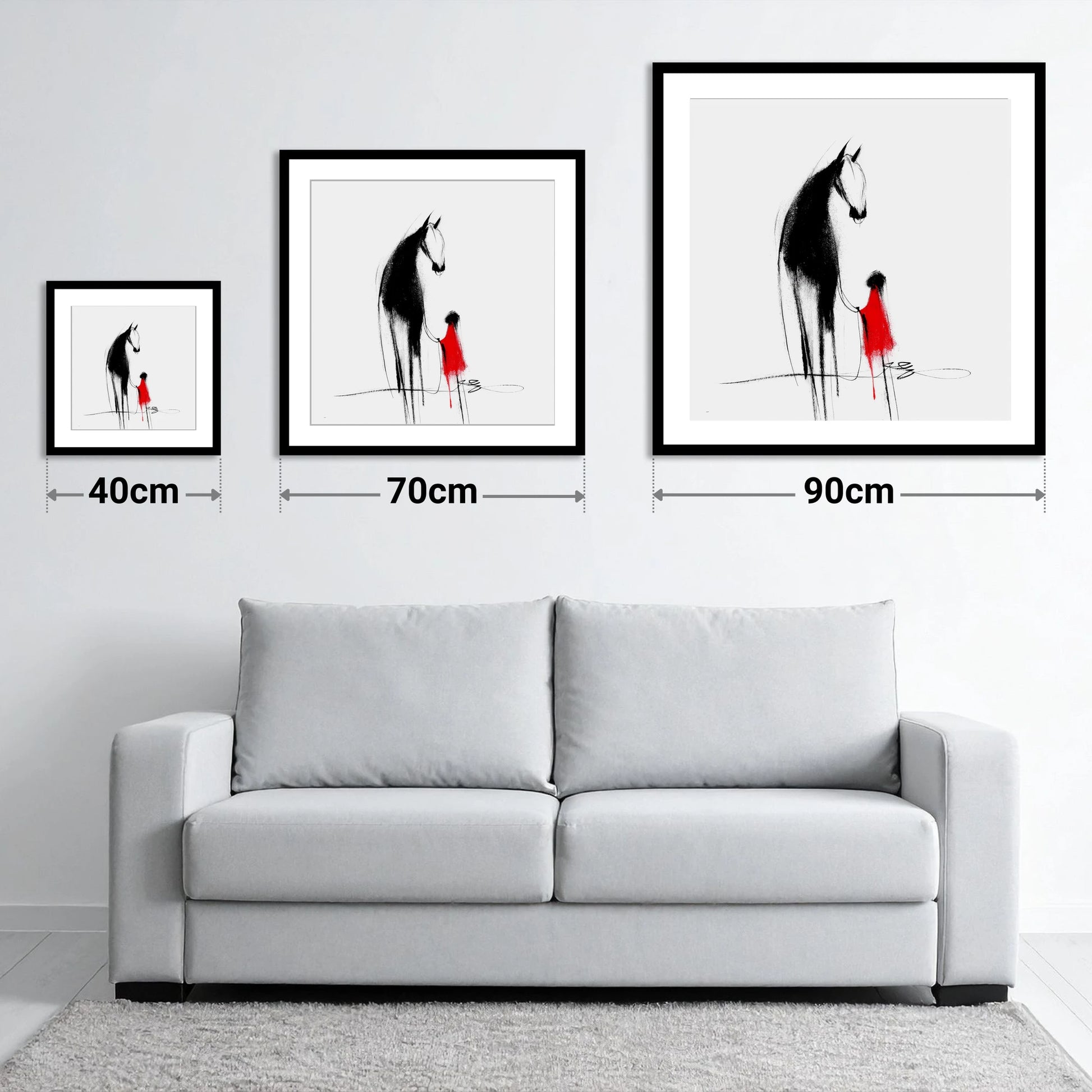 Crimson Connection - size guide showing 40cm, 70cm and 90cm art prints