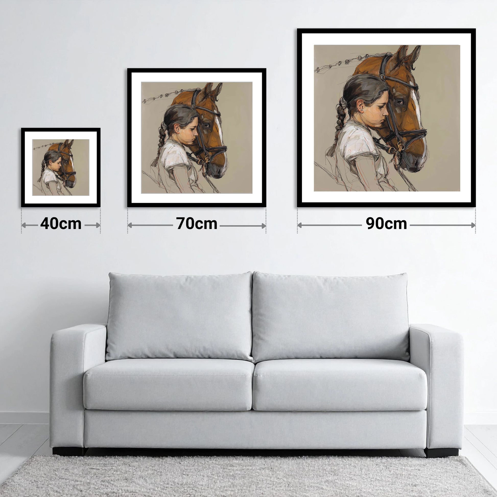 The Quiet Bond - size guide showing 40cm, 70cm and 90cm art prints
