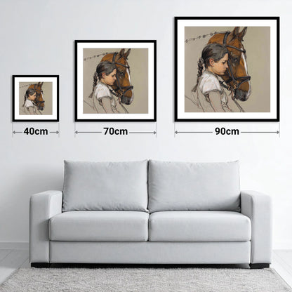The Quiet Bond - size guide showing 40cm, 70cm and 90cm art prints