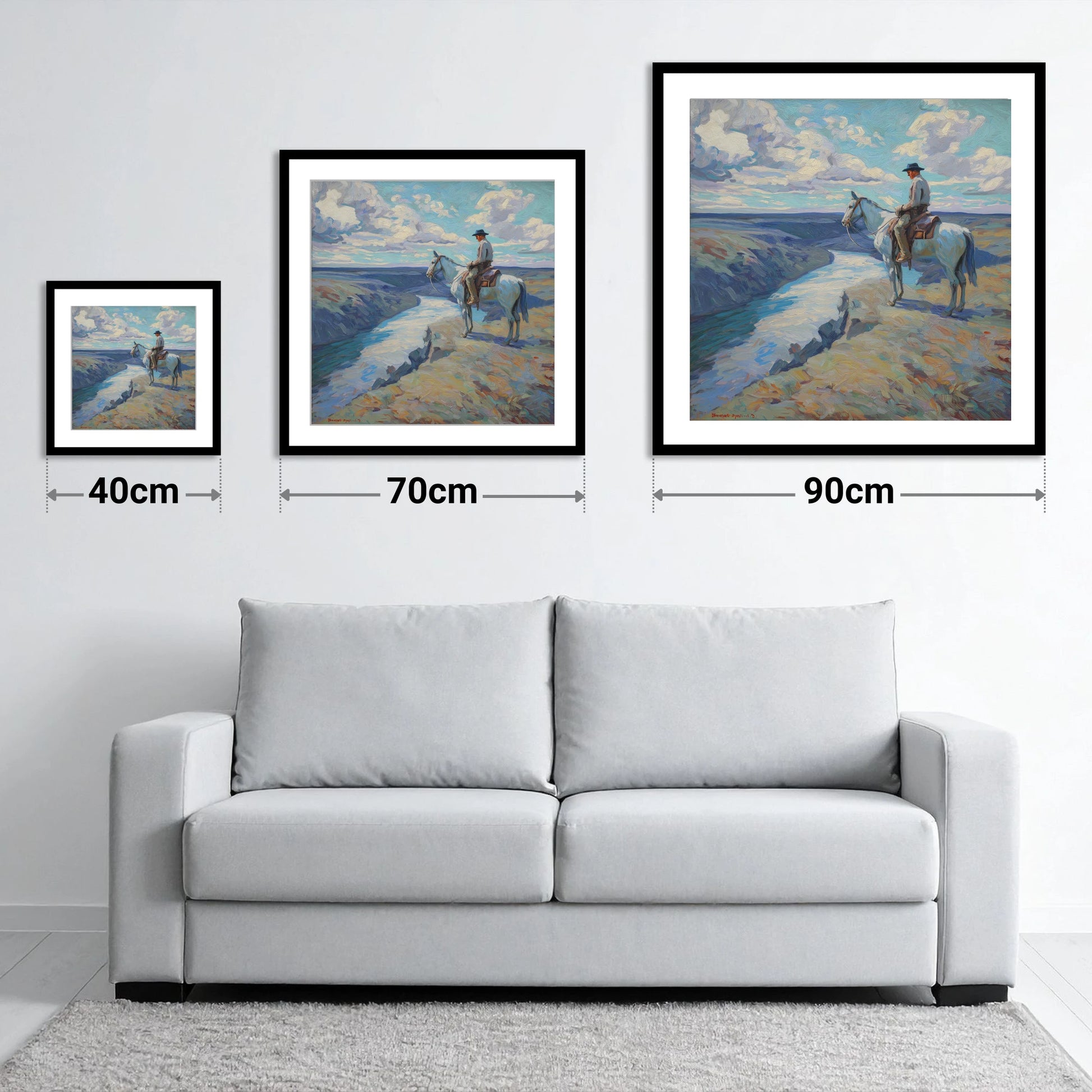 Canyon River Vantage - size guide showing 40cm, 70cm and 90cm art prints