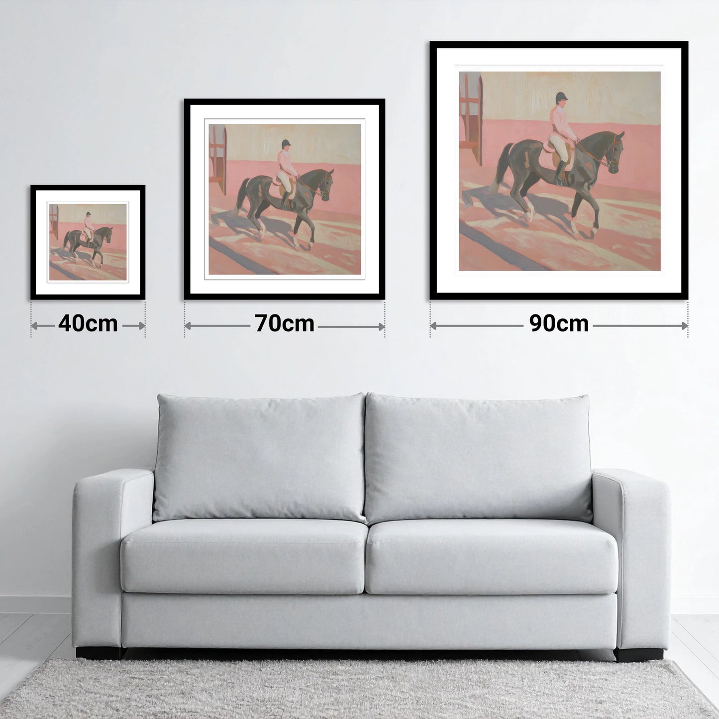 Dusty Pink Shadows - size guide showing 40cm, 70cm and 90cm art prints