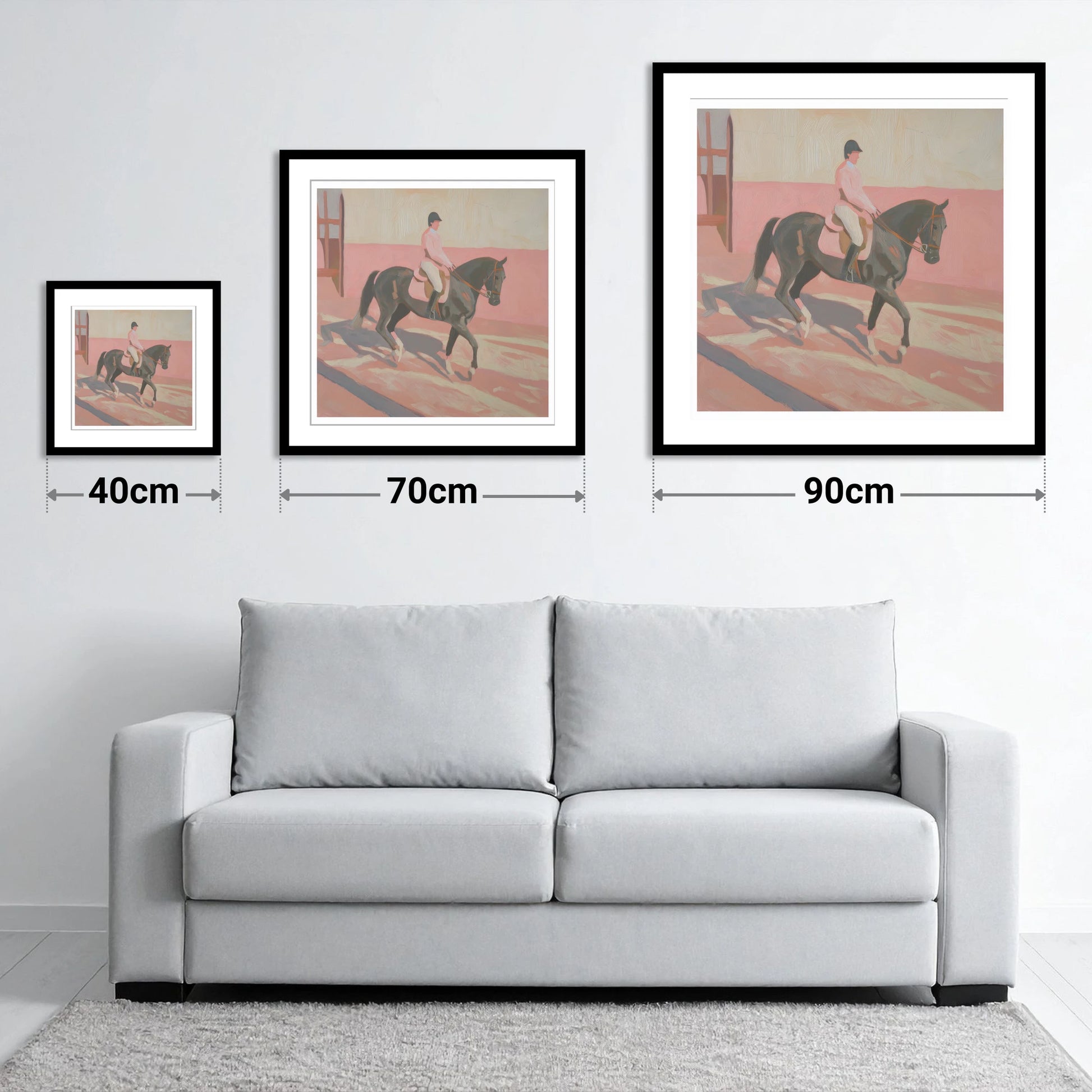 Dusty Pink Shadows - size guide showing 40cm, 70cm and 90cm art prints