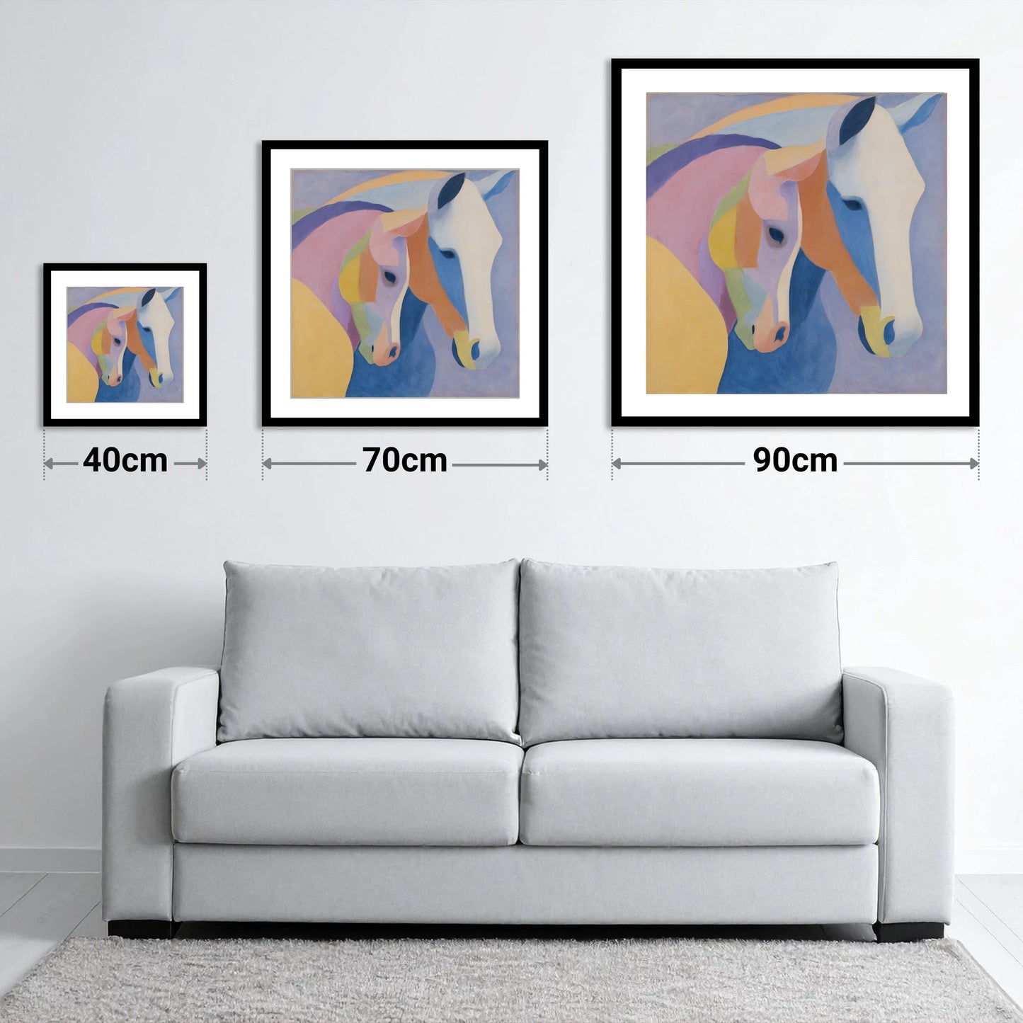 Pastel Equine Harmony - size guide showing 40cm, 70cm and 90cm art prints