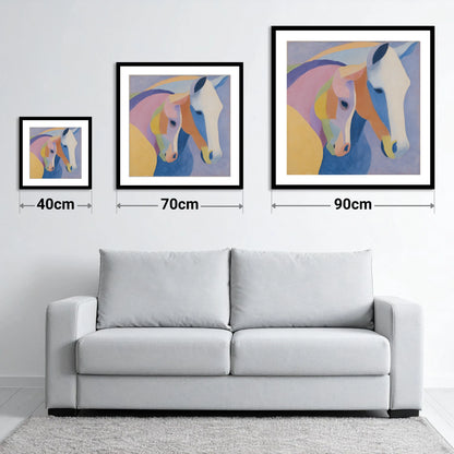 Pastel Equine Harmony - size guide showing 40cm, 70cm and 90cm art prints