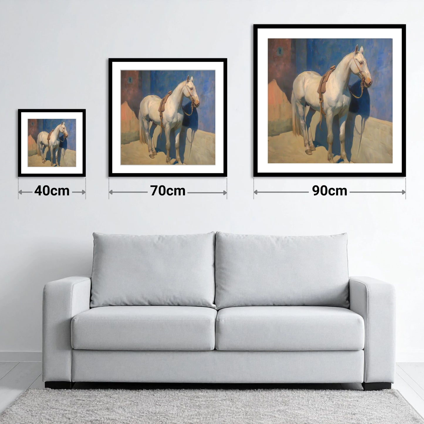 Sunlit Grey against Azure - size guide showing 40cm, 70cm and 90cm art prints