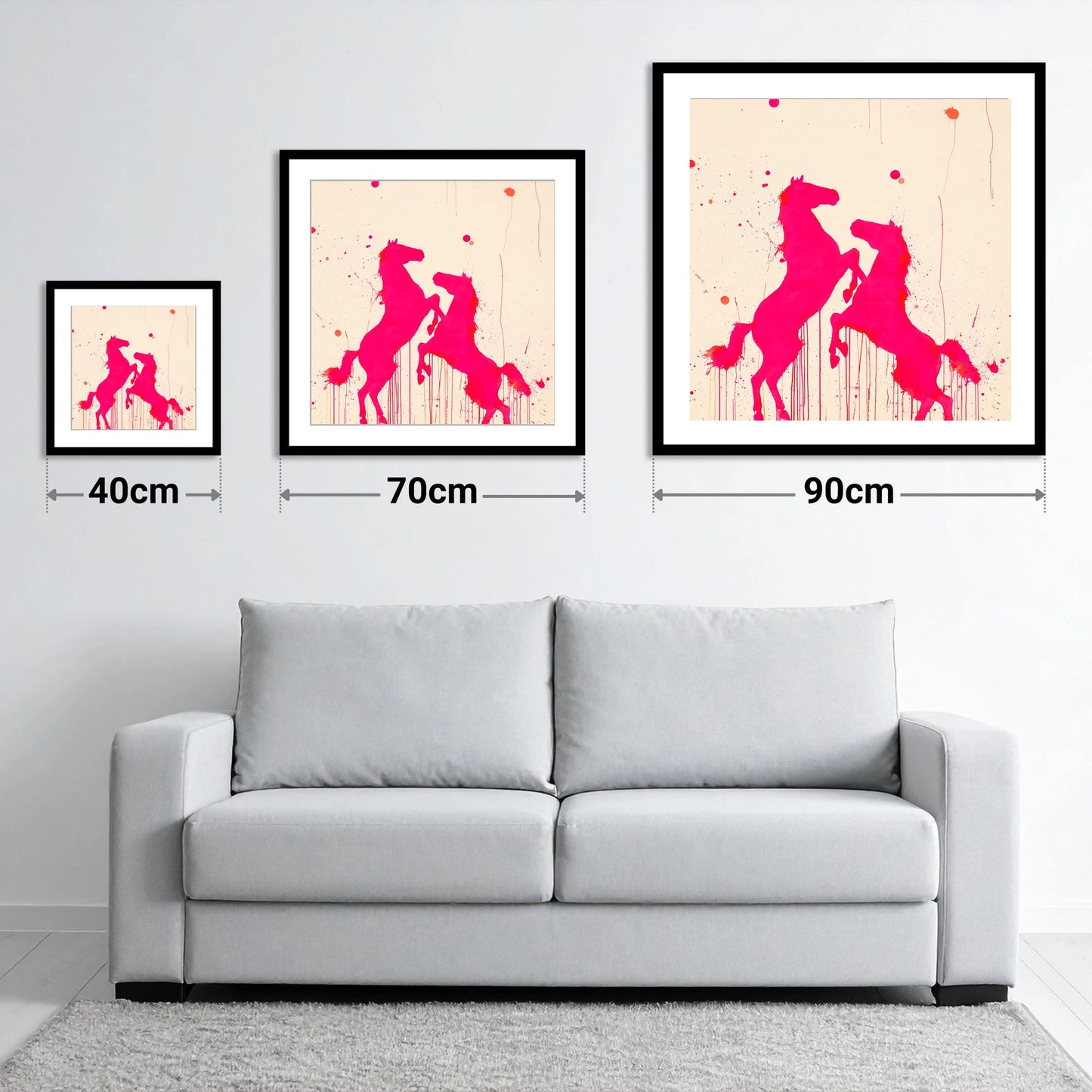 Magenta Equine Dance - size guide showing 40cm, 70cm and 90cm art prints