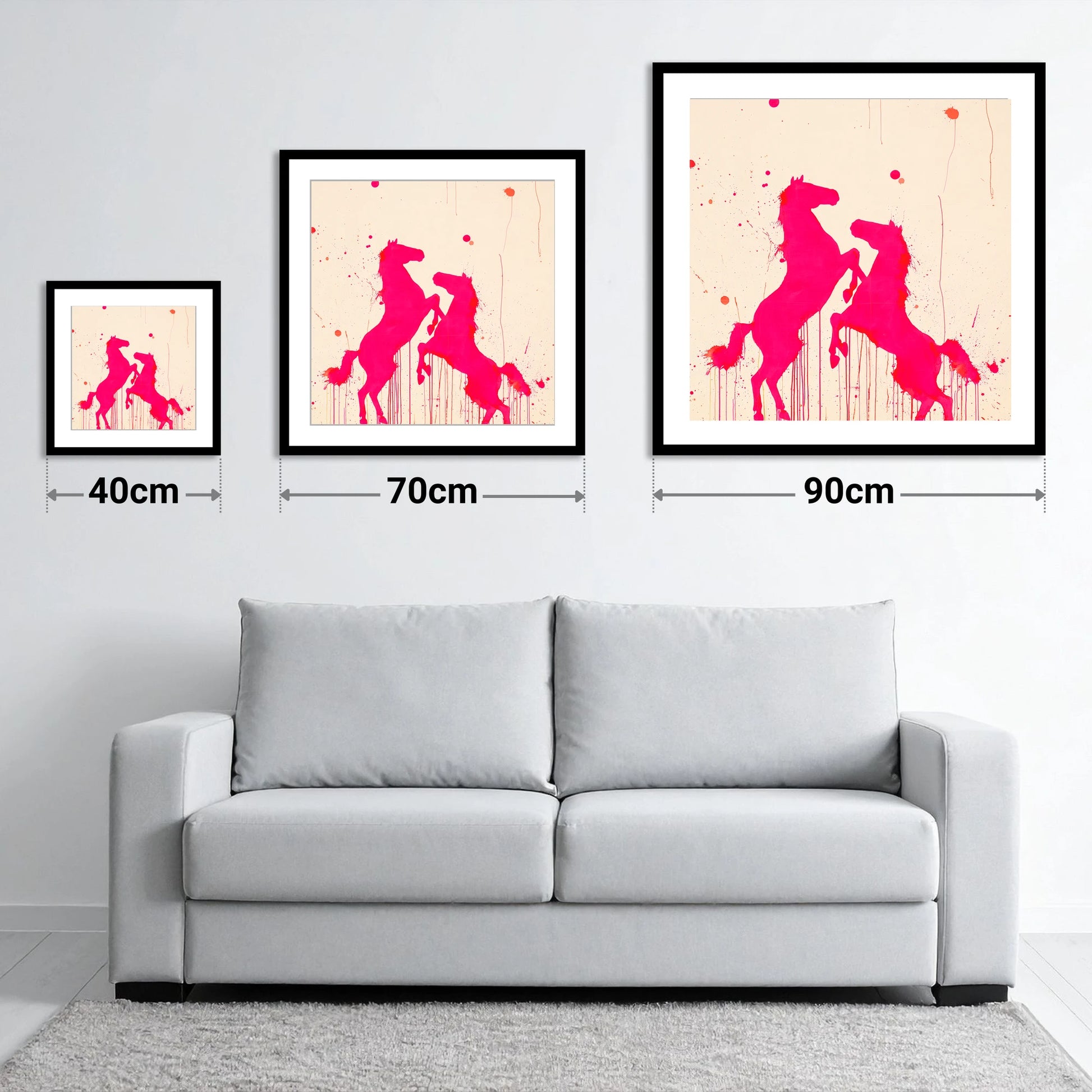 Magenta Equine Dance - size guide showing 40cm, 70cm and 90cm art prints