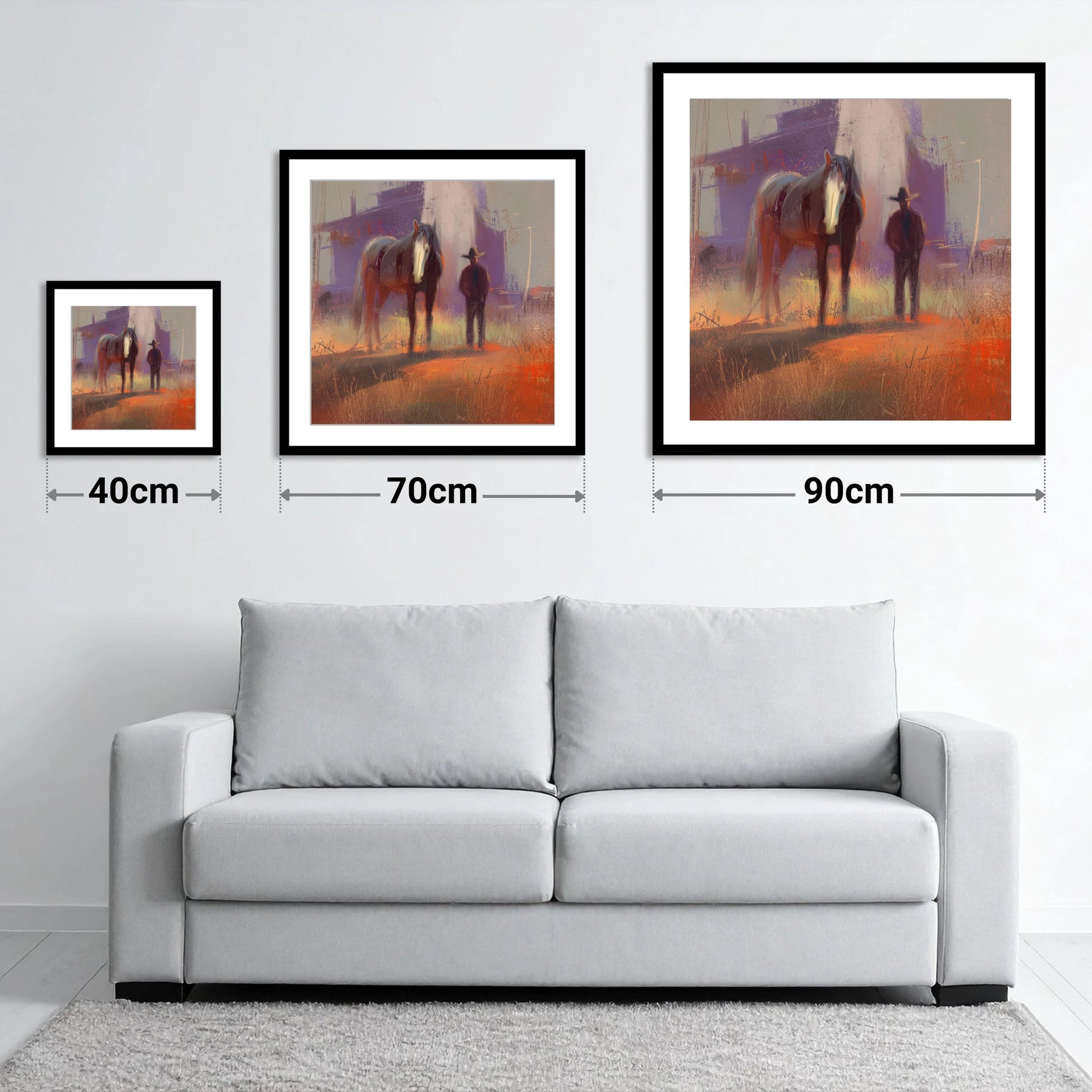 Sundown on the Trail - size guide showing 40cm, 70cm and 90cm art prints