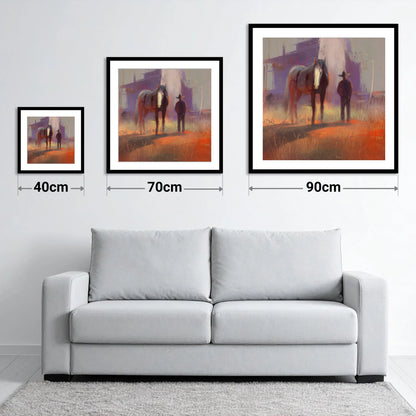 Sundown on the Trail - size guide showing 40cm, 70cm and 90cm art prints