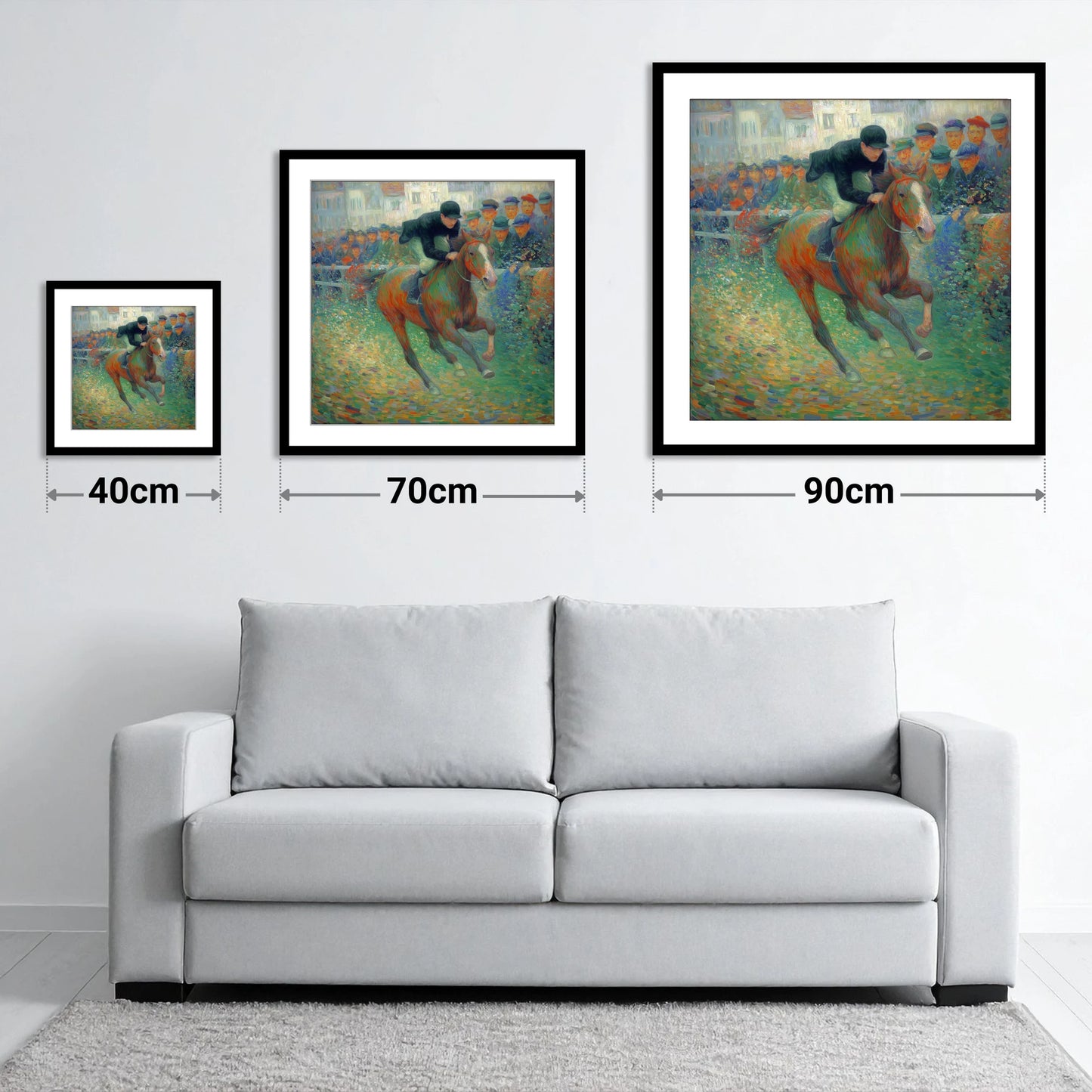 The Finishing Straight - size guide showing 40cm, 70cm and 90cm art prints