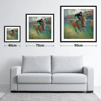 The Finishing Straight - size guide showing 40cm, 70cm and 90cm art prints