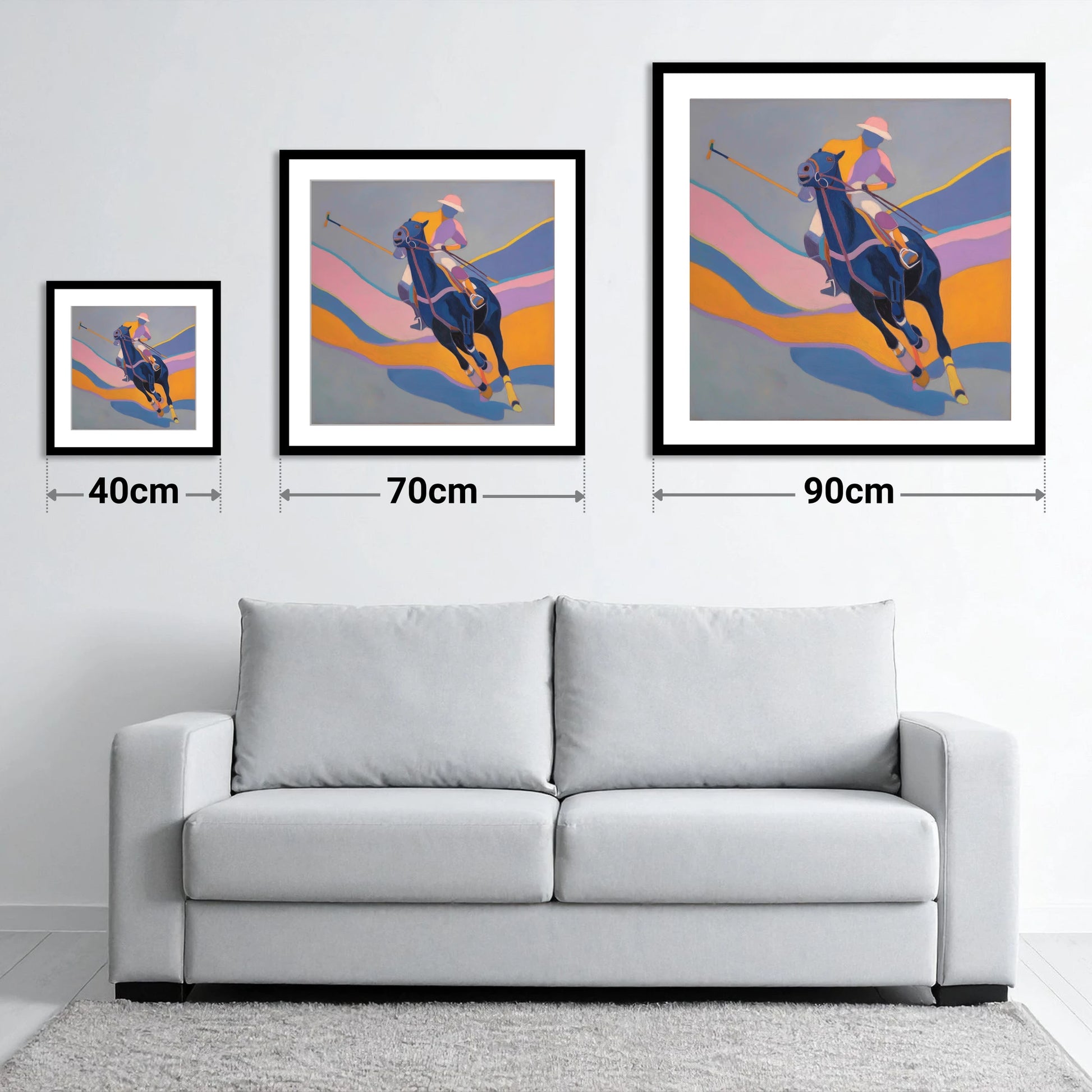 Dynamic Polo Pursuit - size guide showing 40cm, 70cm and 90cm art prints