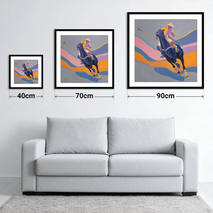 Dynamic Polo Pursuit - size guide showing 40cm, 70cm and 90cm art prints