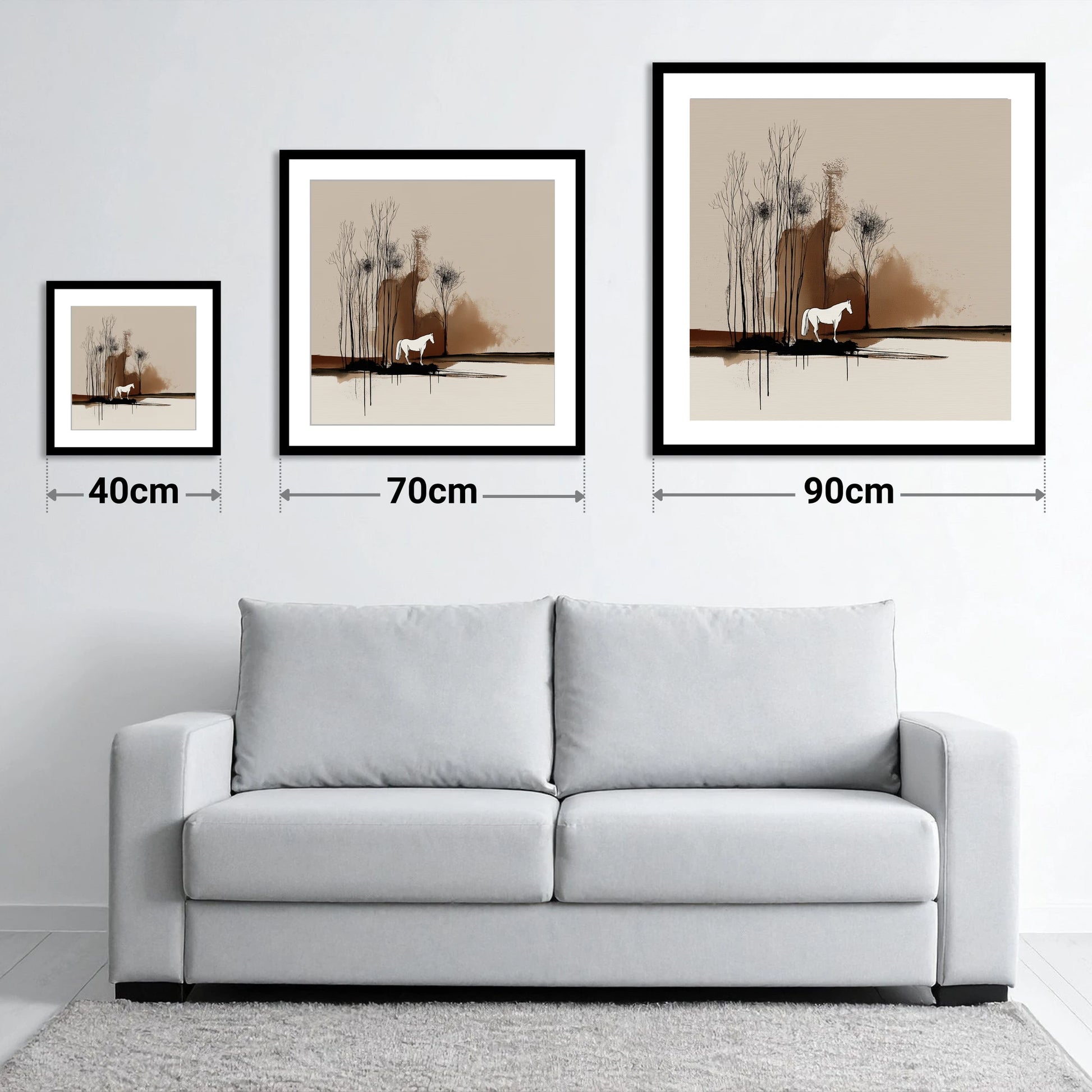 Sepia Woodland Solitude - size guide showing 40cm, 70cm and 90cm art prints