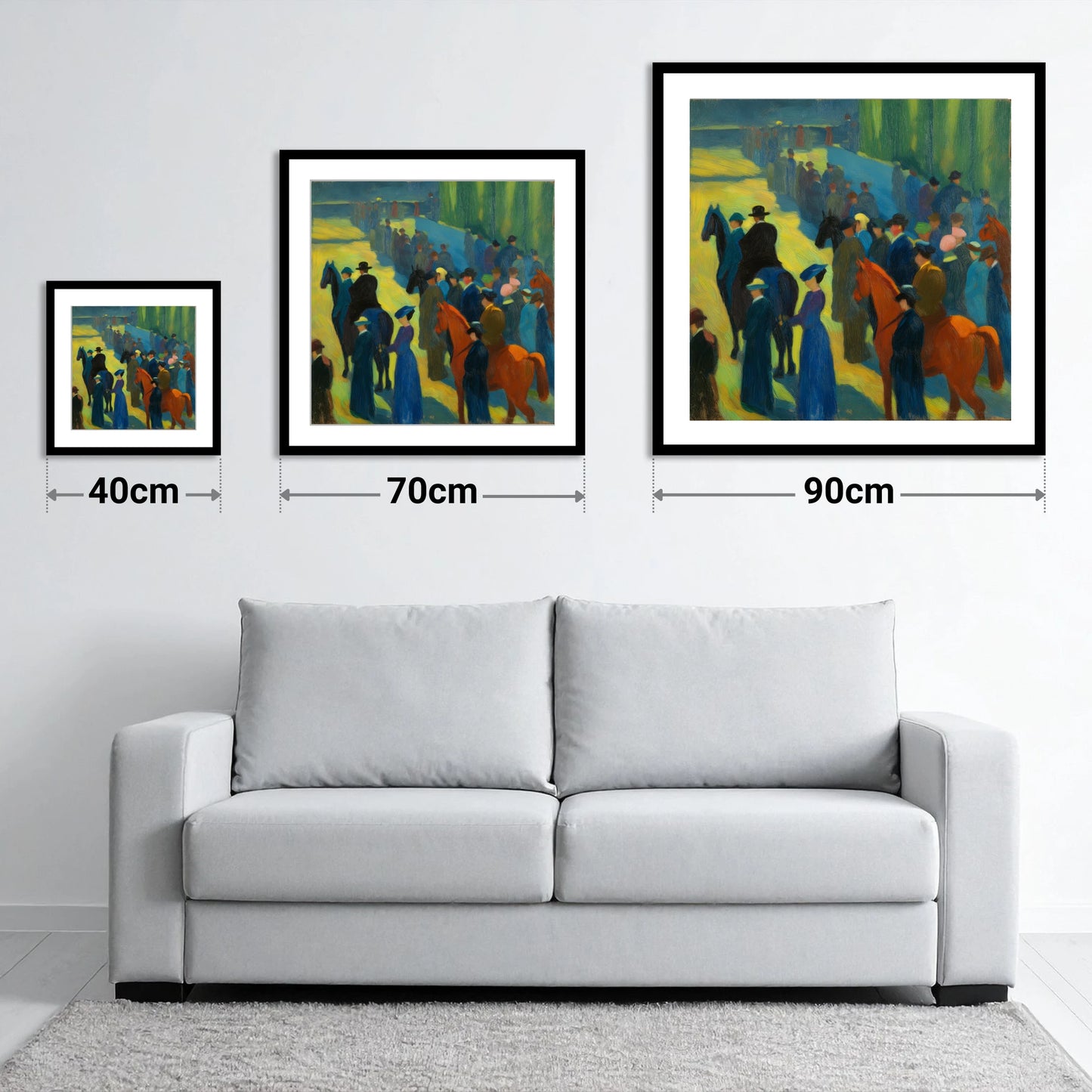 Paddock Gathering - size guide showing 40cm, 70cm and 90cm art prints