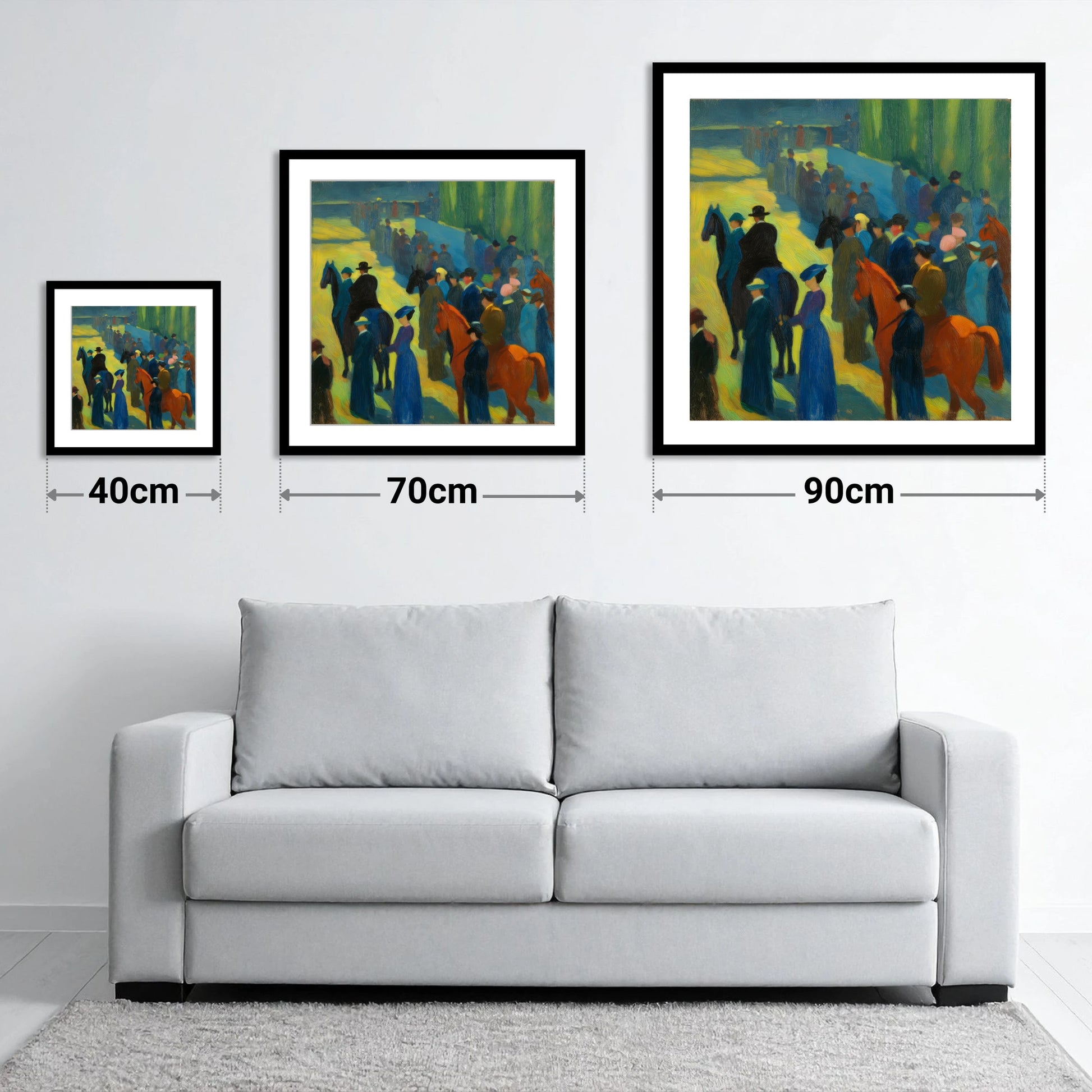 Paddock Gathering - size guide showing 40cm, 70cm and 90cm art prints