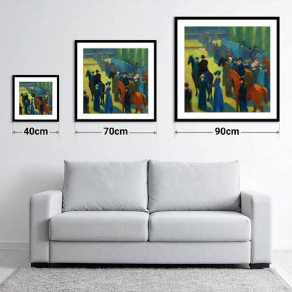 Paddock Gathering - size guide showing 40cm, 70cm and 90cm art prints