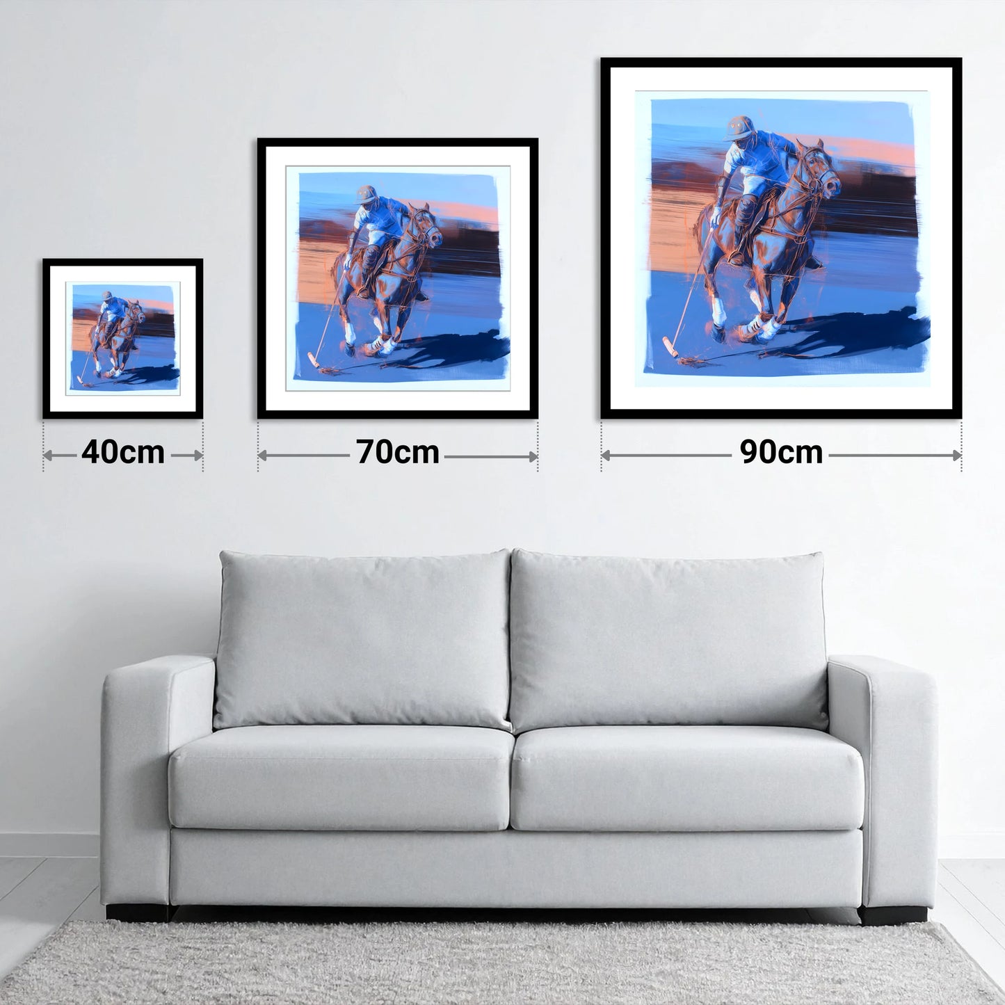 The Cobalt Chukka - size guide showing 40cm, 70cm and 90cm art prints