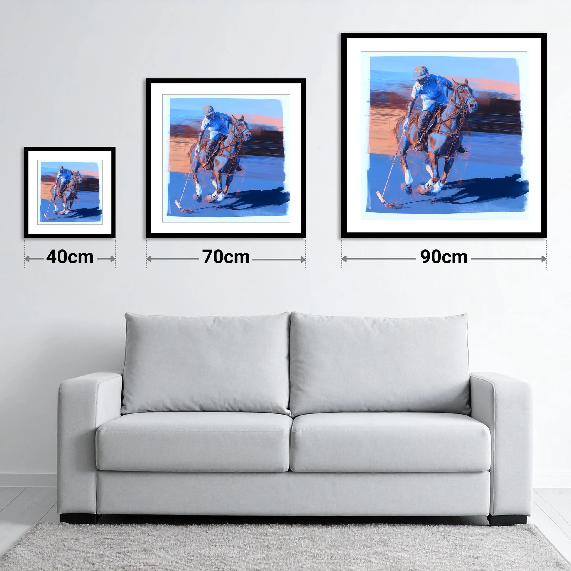 The Cobalt Chukka - size guide showing 40cm, 70cm and 90cm art prints