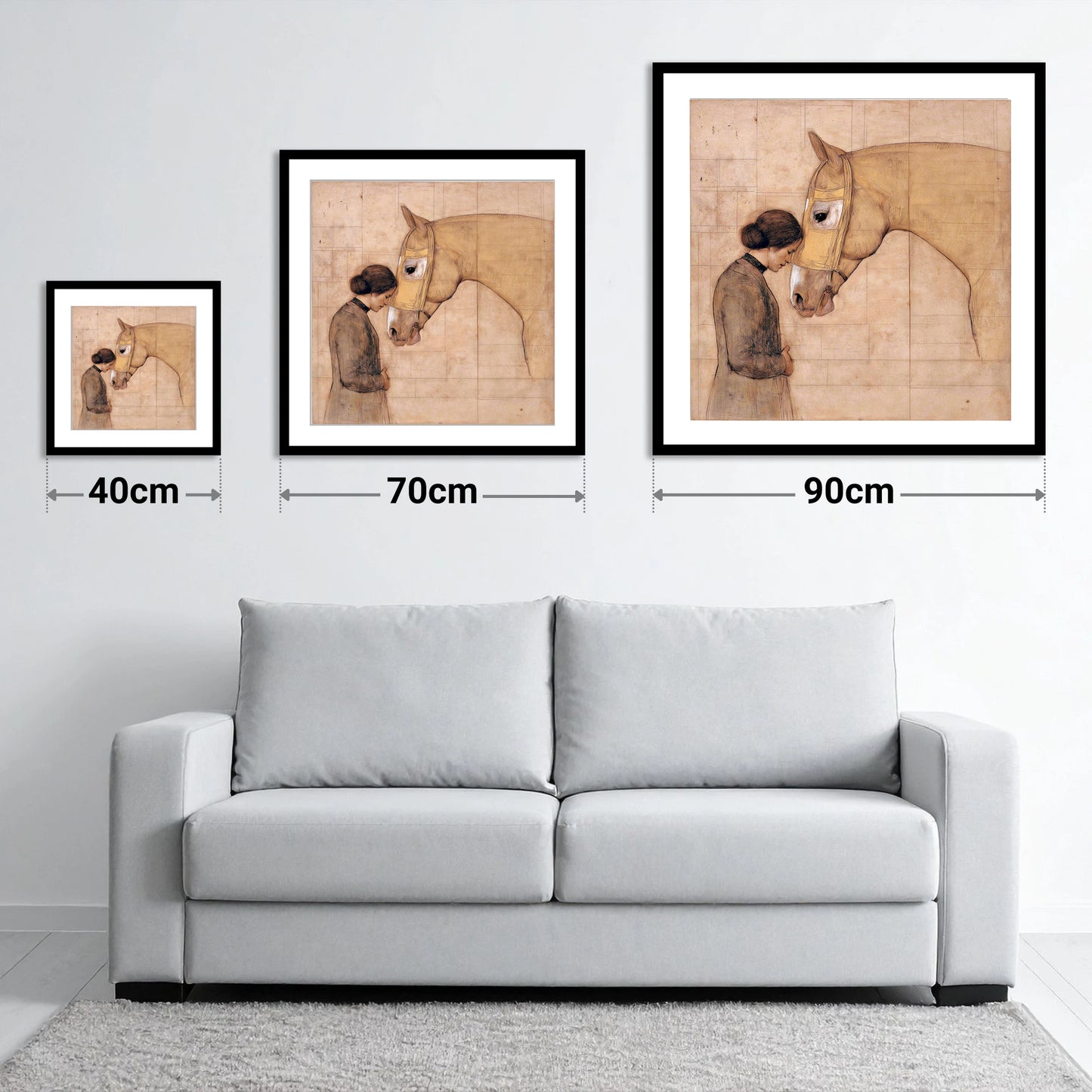 The Silent Language - size guide showing 40cm, 70cm and 90cm art prints