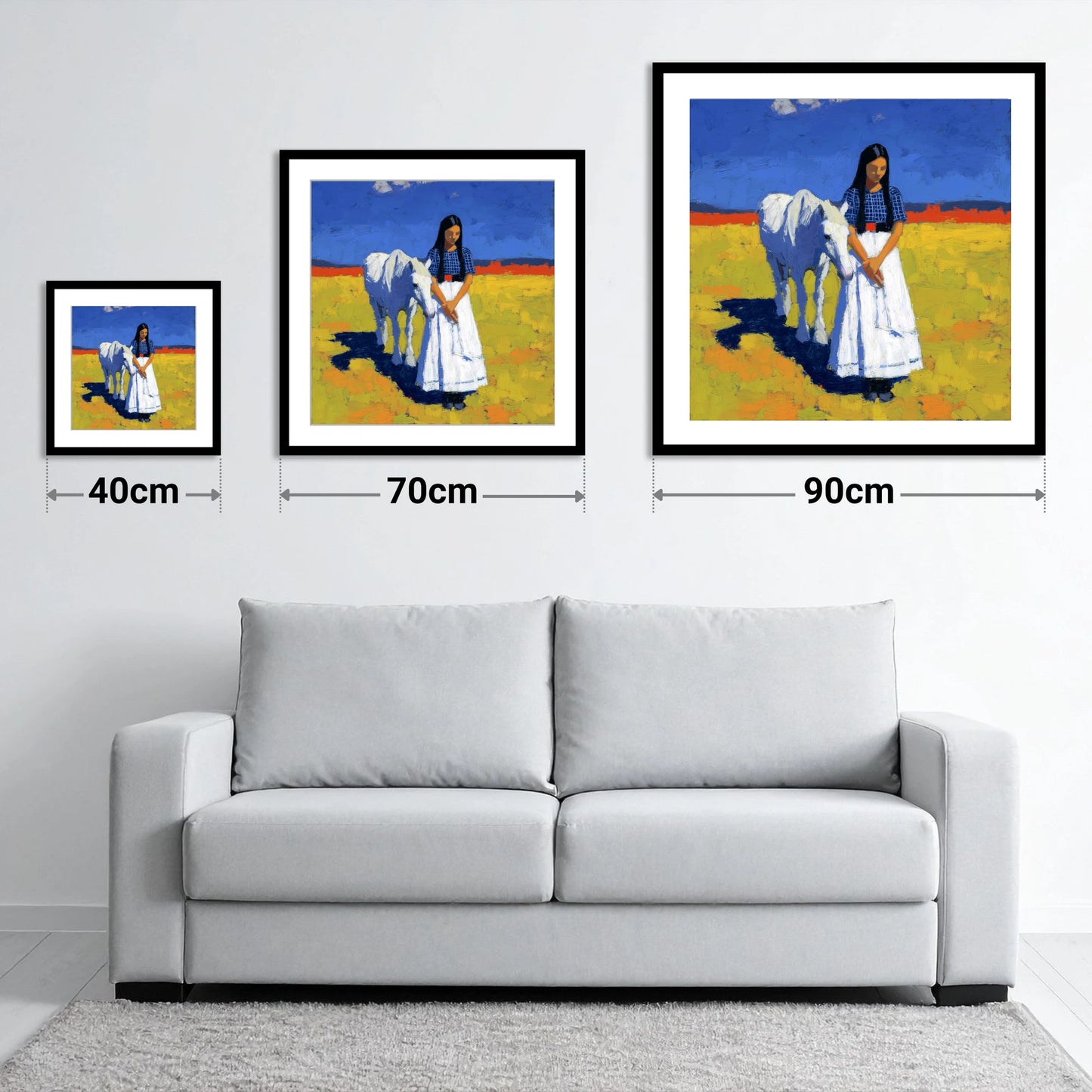 Sunlit Companion - size guide showing 40cm, 70cm and 90cm art prints