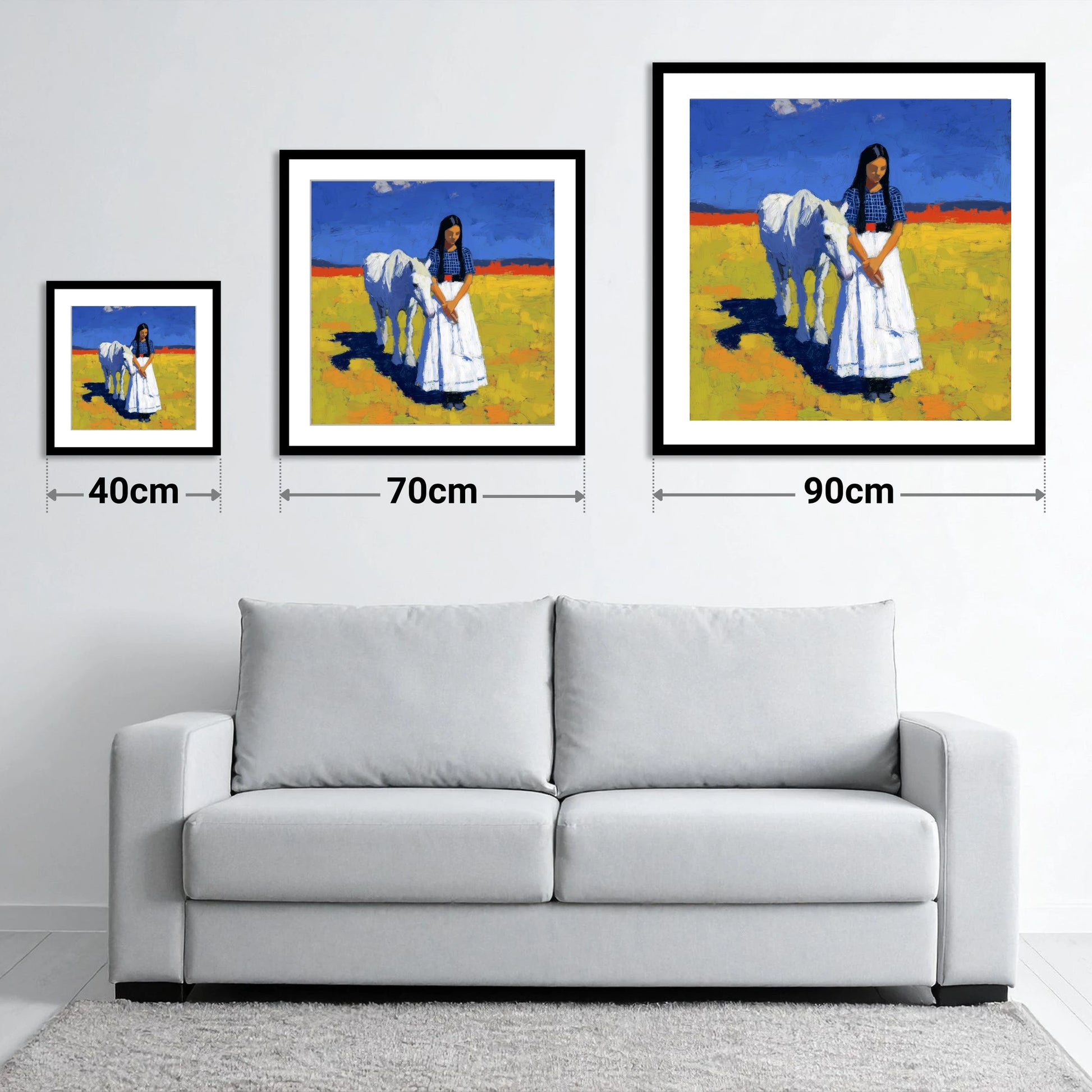 Sunlit Companion - size guide showing 40cm, 70cm and 90cm art prints