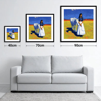 Sunlit Companion - size guide showing 40cm, 70cm and 90cm art prints