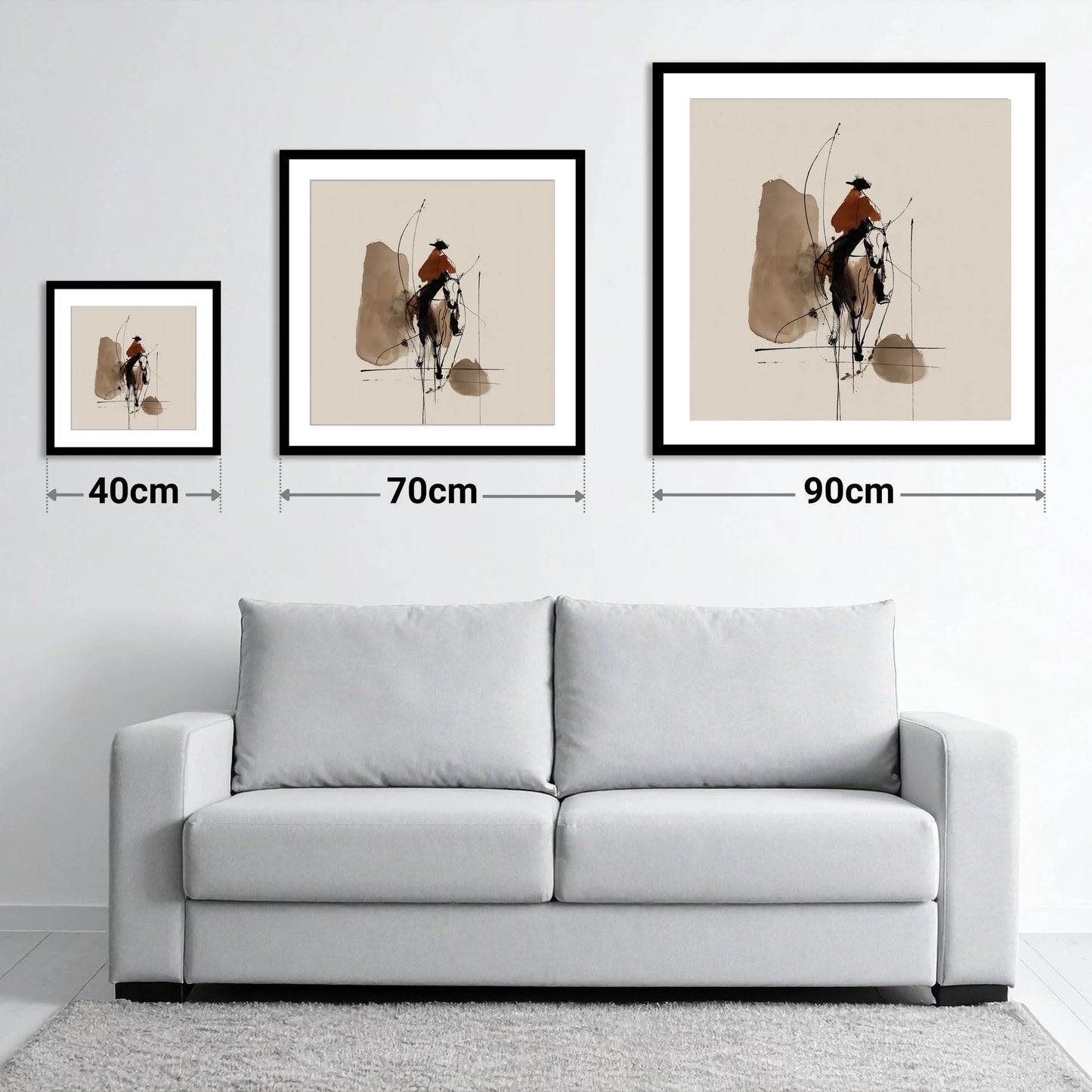 Terracotta Vaquero - size guide showing 40cm, 70cm and 90cm art prints
