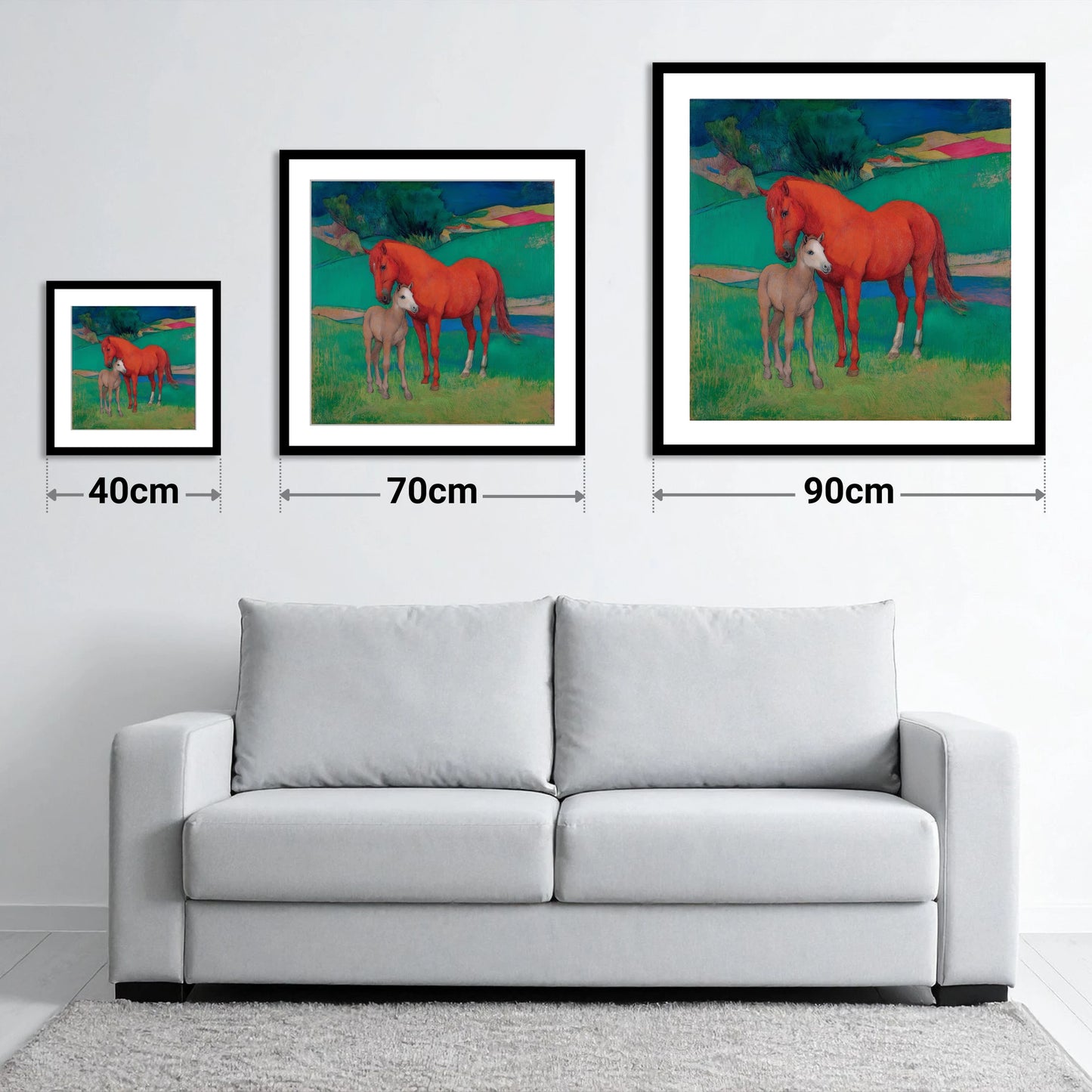 Vibrant Maternal Bond - size guide showing 40cm, 70cm and 90cm art prints