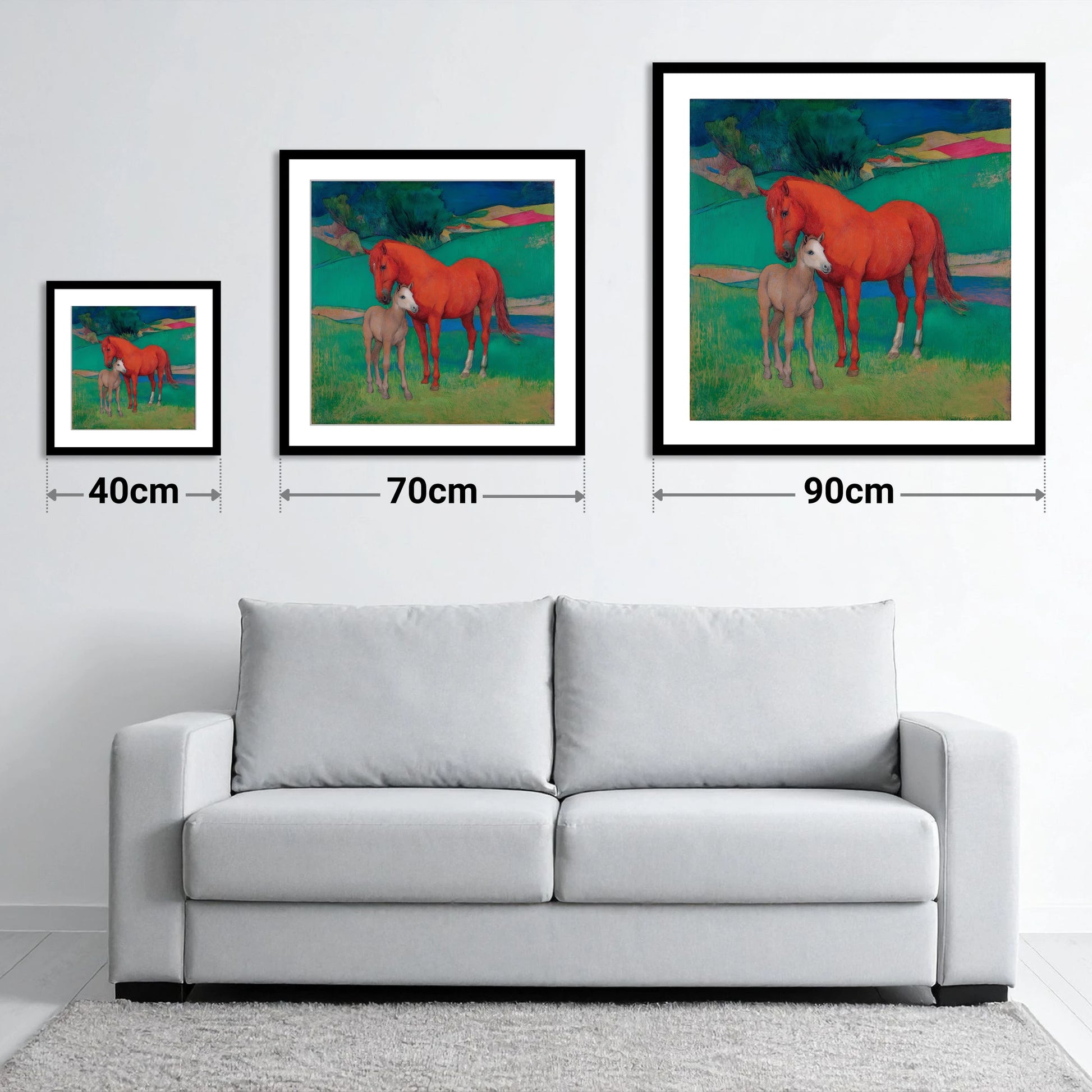 Vibrant Maternal Bond - size guide showing 40cm, 70cm and 90cm art prints