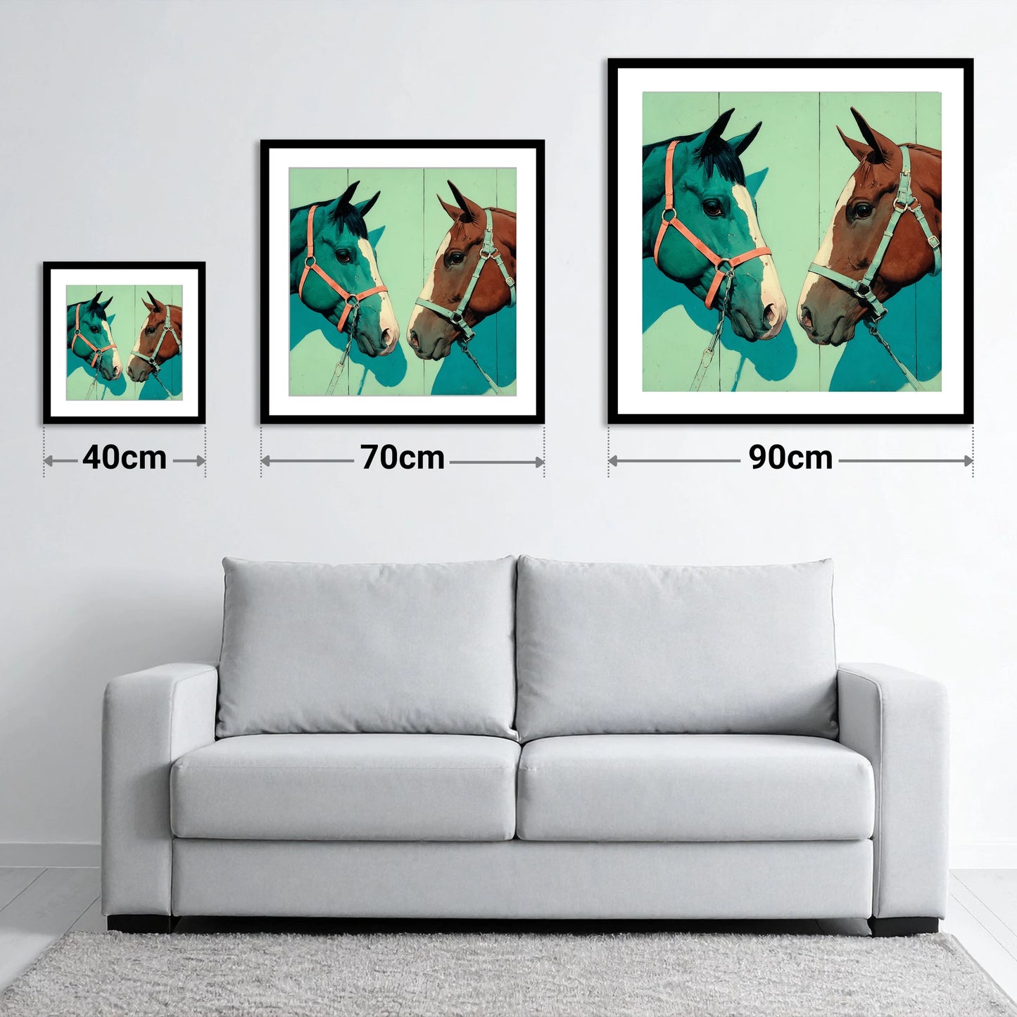 Vivid Companions - size guide showing 40cm, 70cm and 90cm art prints
