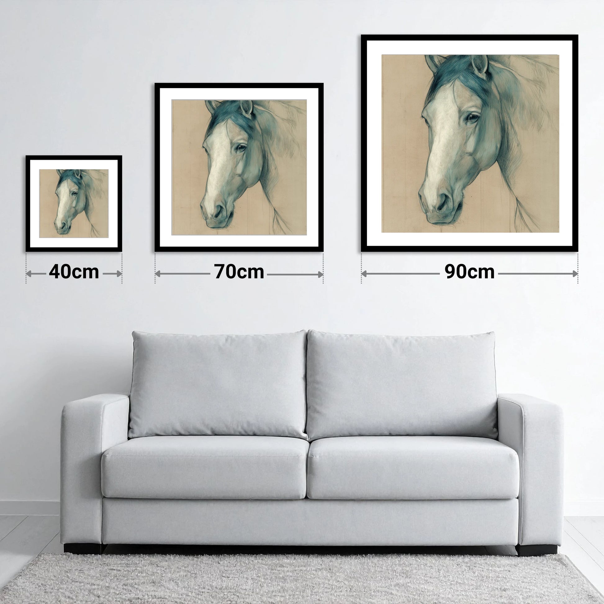 Azure Equine Study - size guide showing 40cm, 70cm and 90cm art prints