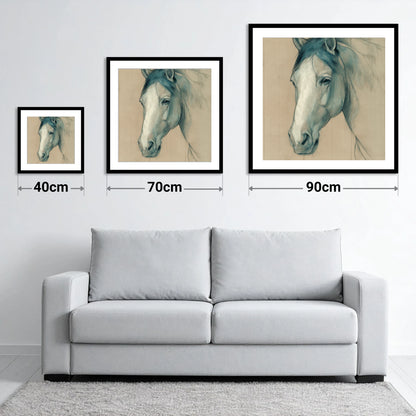 Azure Equine Study - size guide showing 40cm, 70cm and 90cm art prints