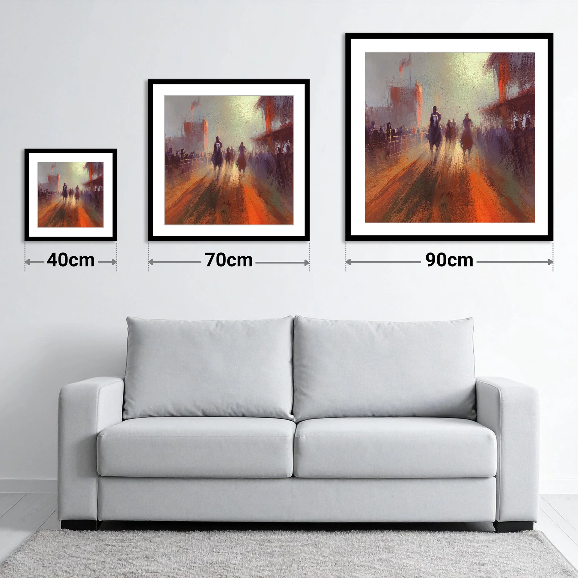 The Arena Haze - size guide showing 40cm, 70cm and 90cm art prints