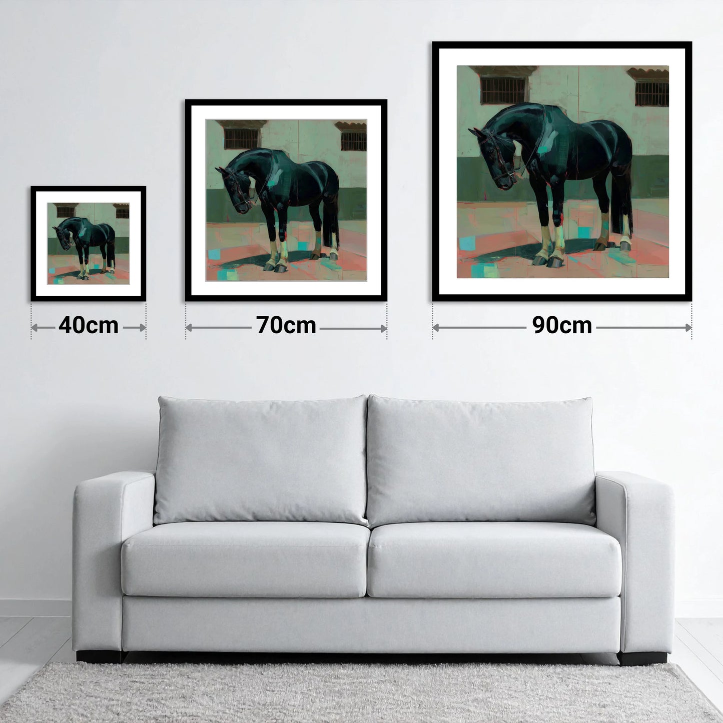 Midnight Silhouette Study - size guide showing 40cm, 70cm and 90cm art prints