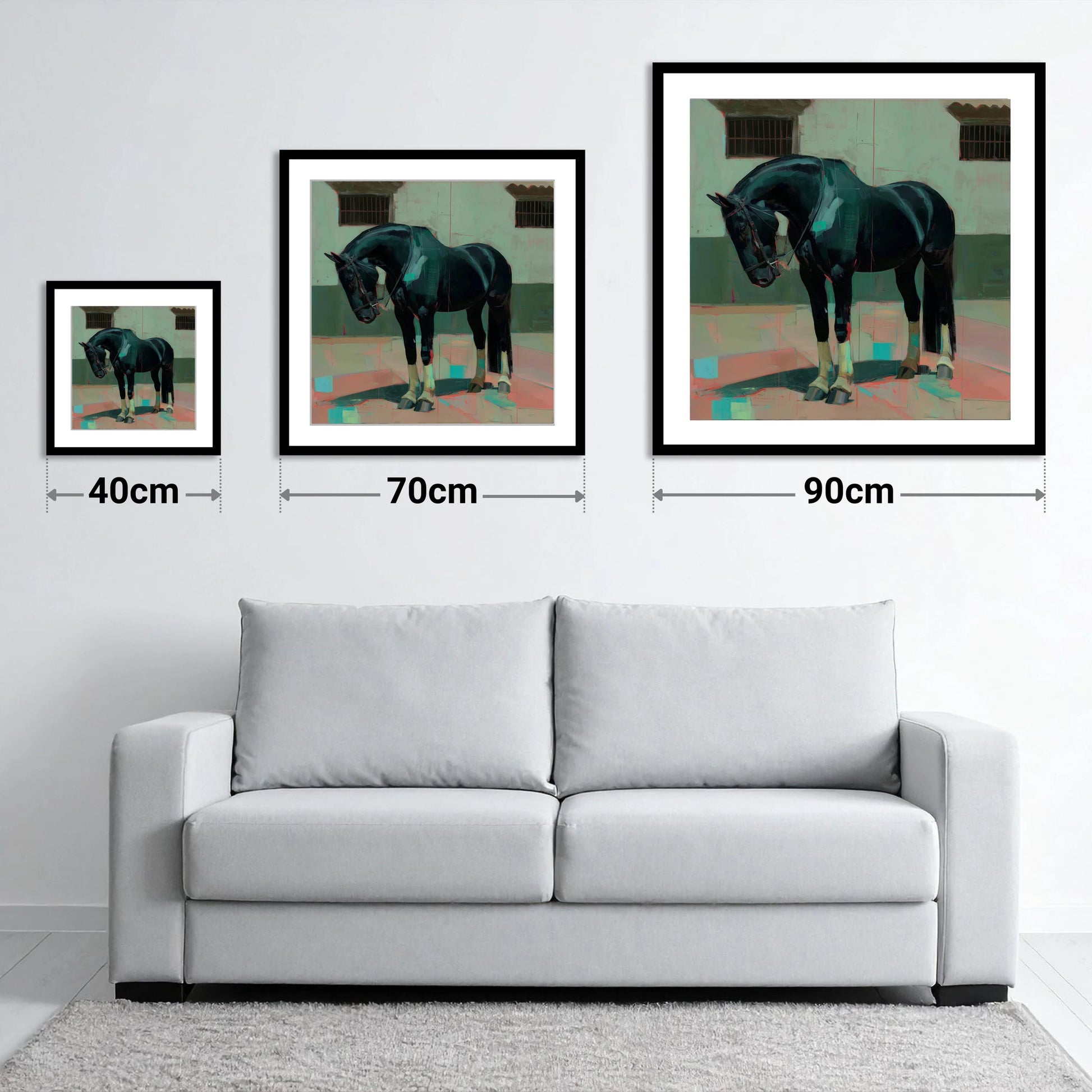 Midnight Silhouette Study - size guide showing 40cm, 70cm and 90cm art prints