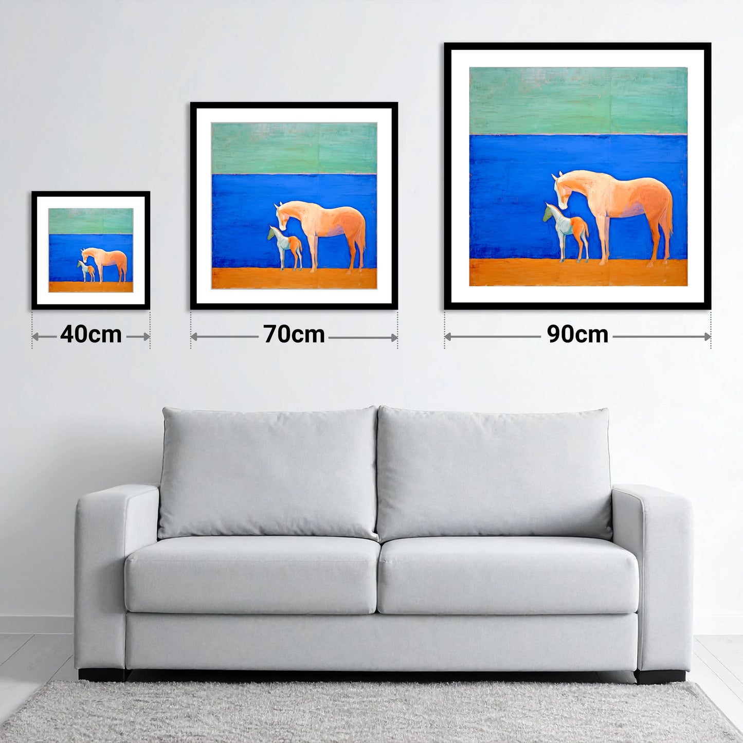 Cobalt Bond - size guide showing 40cm, 70cm and 90cm art prints