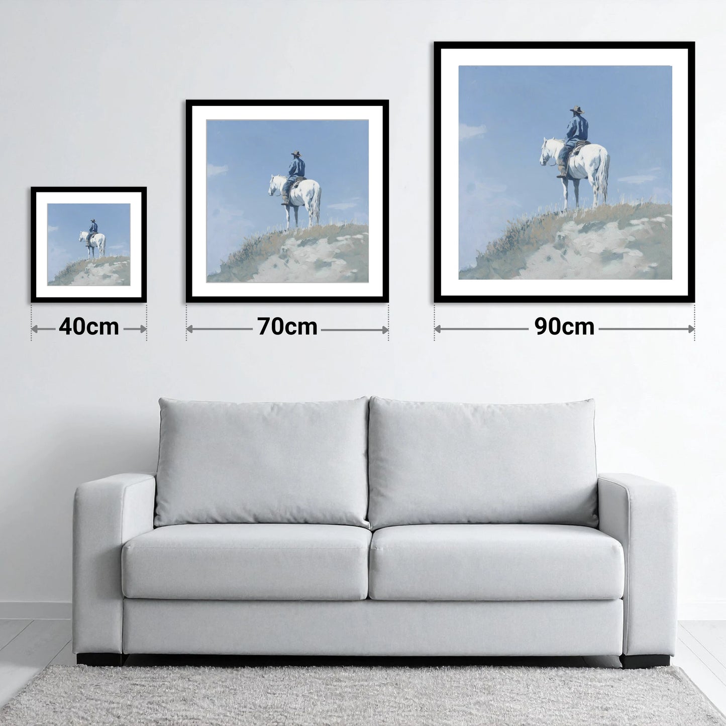 High Country Solitude - size guide showing 40cm, 70cm and 90cm art prints