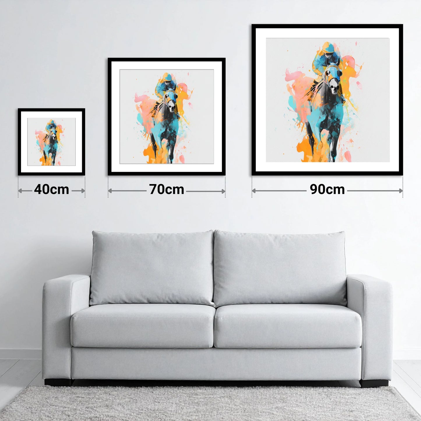 Vibrant Front Runner - size guide showing 40cm, 70cm and 90cm art prints