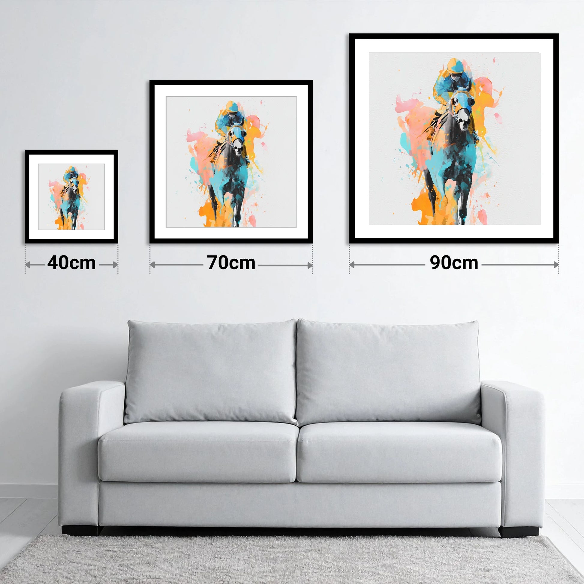 Vibrant Front Runner - size guide showing 40cm, 70cm and 90cm art prints