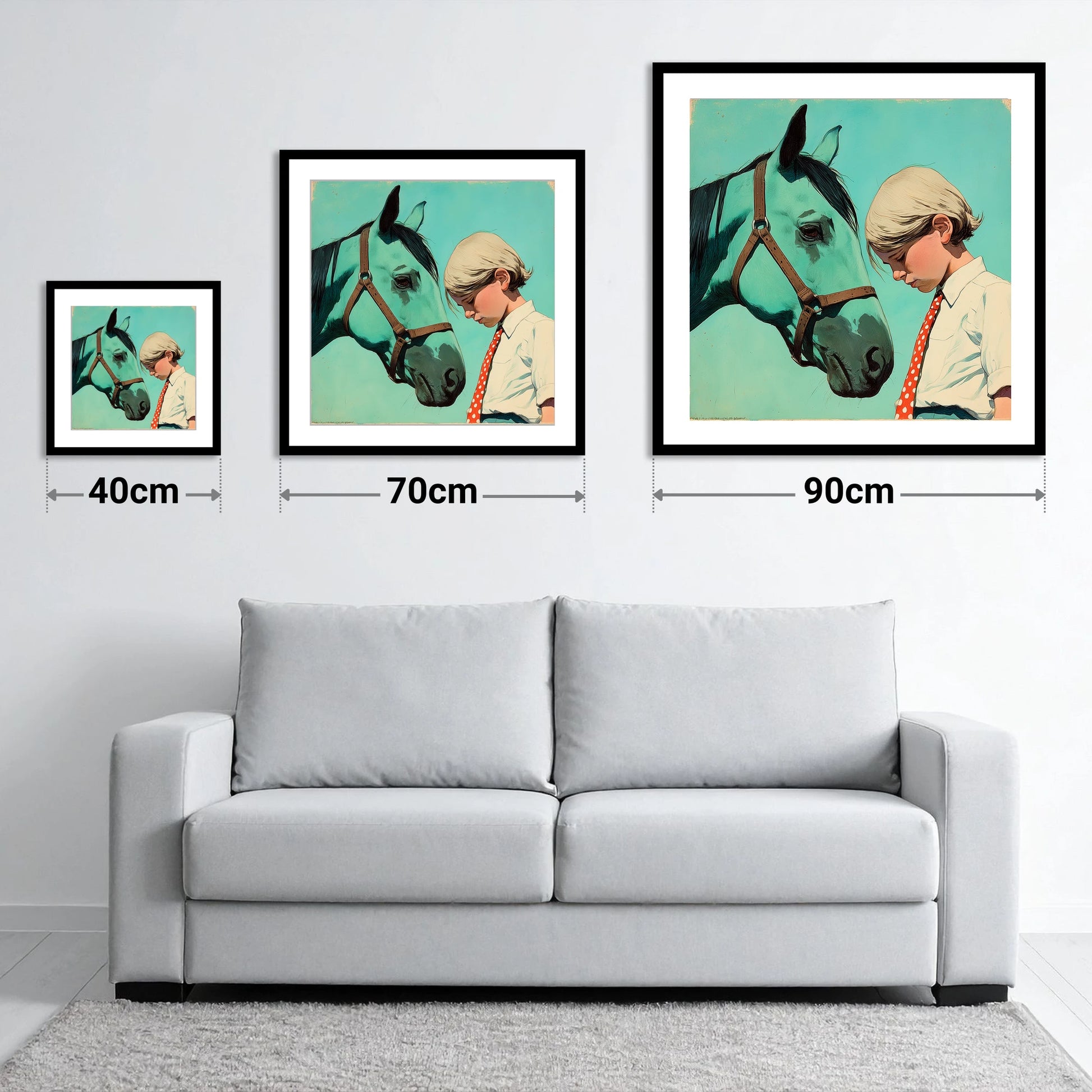 The Unspoken Bond - size guide showing 40cm, 70cm and 90cm art prints