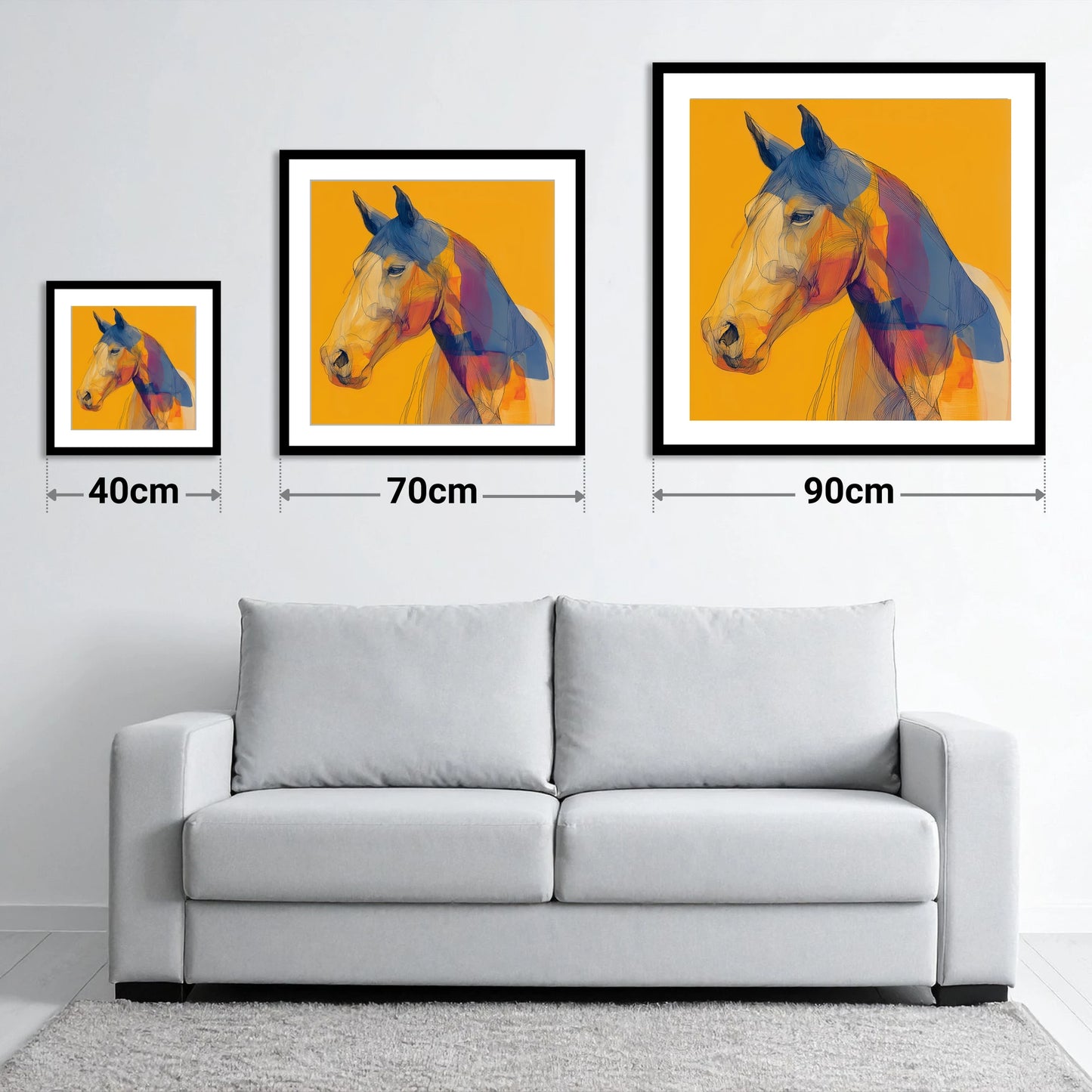 Contemporary Cobalt Equine - size guide showing 40cm, 70cm and 90cm art prints