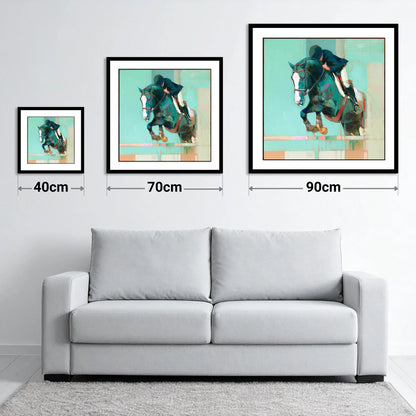 Suspended in Teal - size guide showing 40cm, 70cm and 90cm art prints
