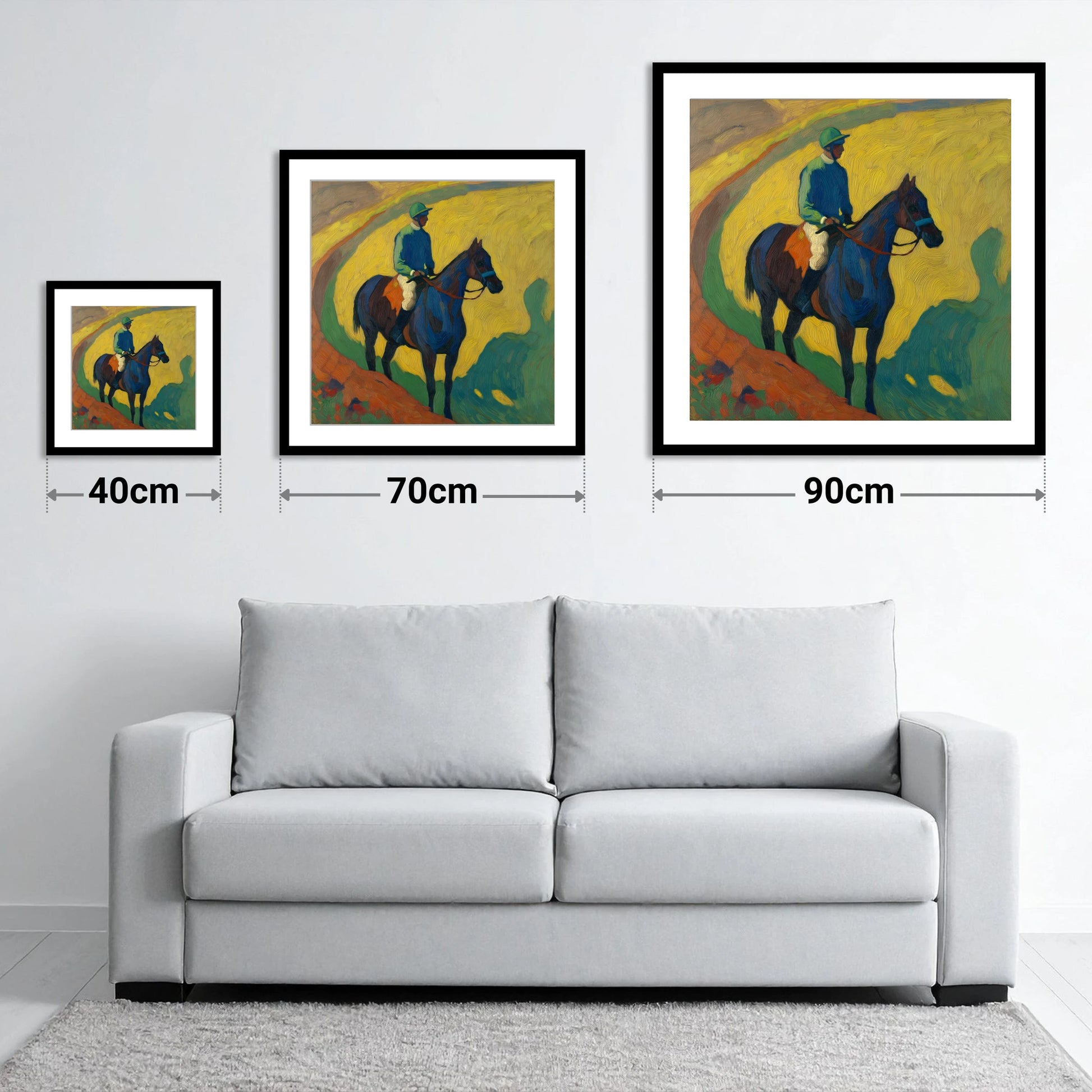 The Blue Thoroughbred - size guide showing 40cm, 70cm and 90cm art prints