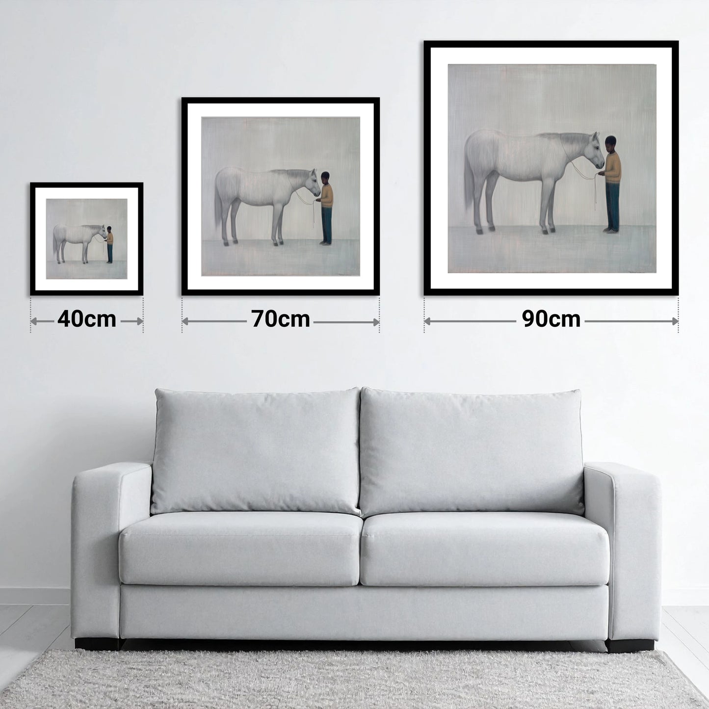 Silent Understanding - size guide showing 40cm, 70cm and 90cm art prints