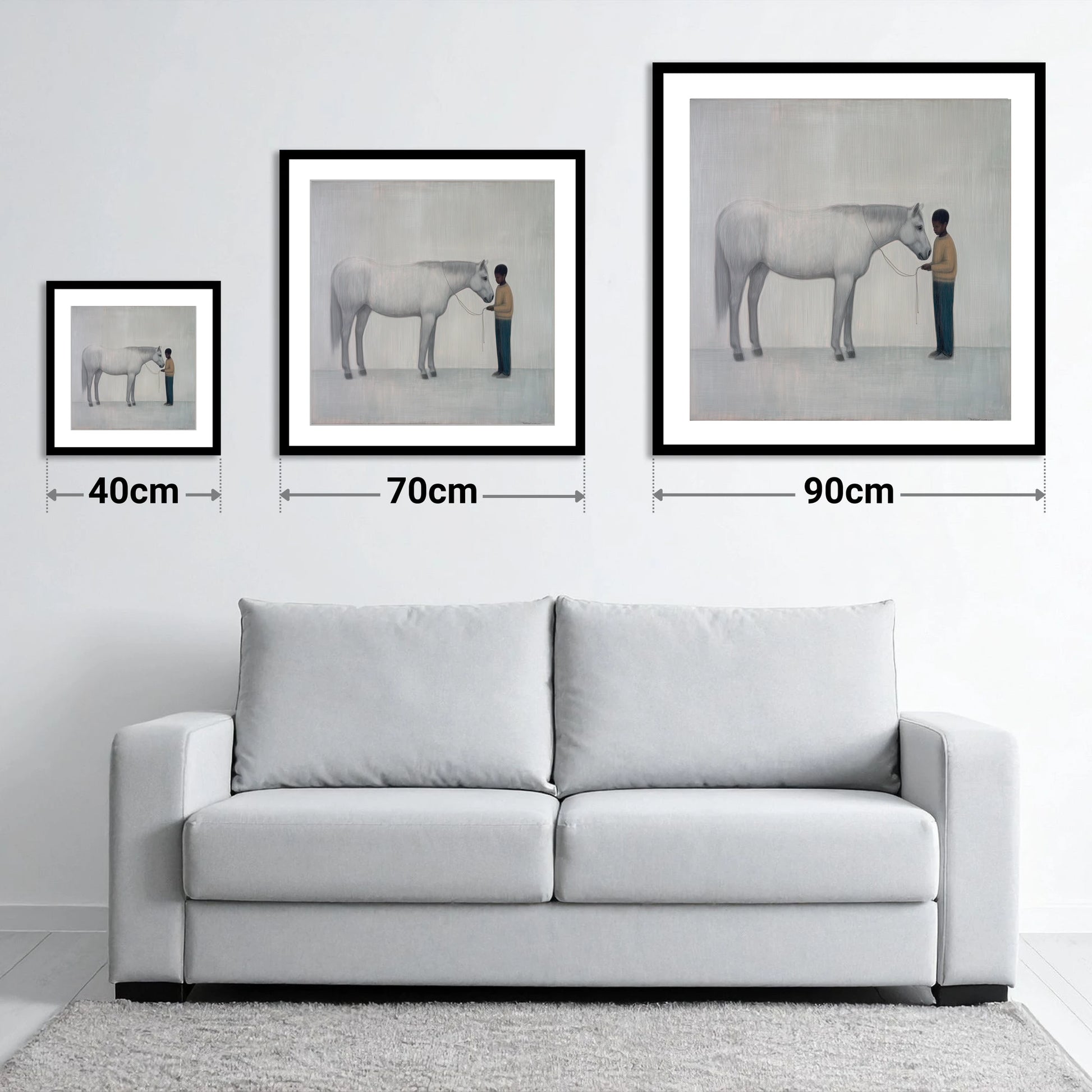 Silent Understanding - size guide showing 40cm, 70cm and 90cm art prints