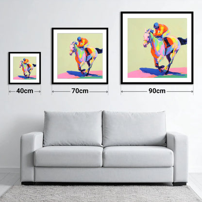 Technicolour Sprint - size guide showing 40cm, 70cm and 90cm art prints