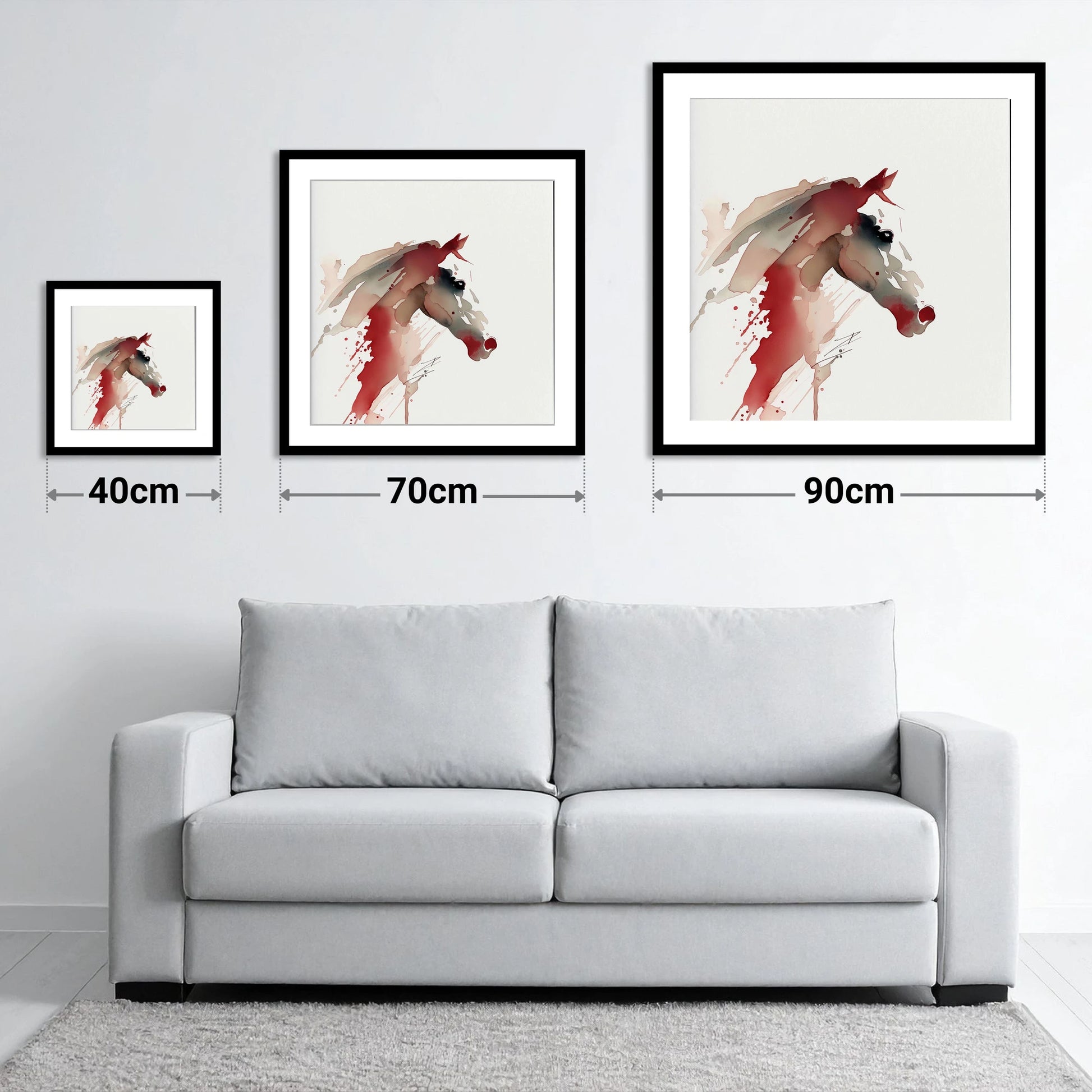 Crimson Momentum - size guide showing 40cm, 70cm and 90cm art prints