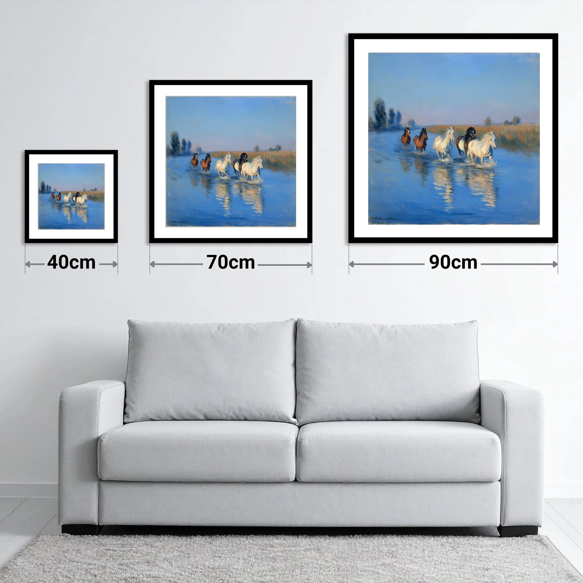 Through the Cerulean Shallows - size guide showing 40cm, 70cm and 90cm art prints